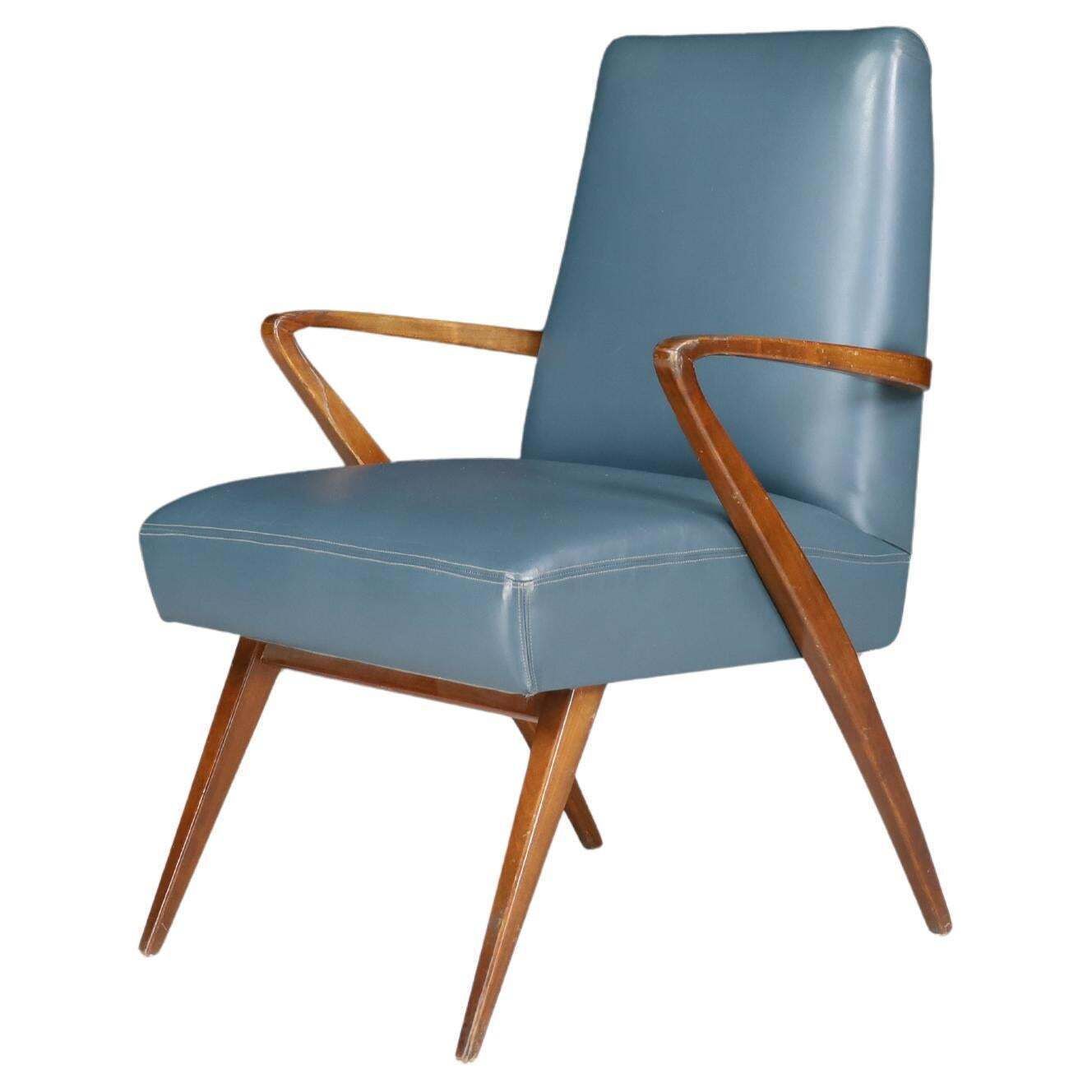 Mid Century Modern French Armchair In Blue Leather, 1950s