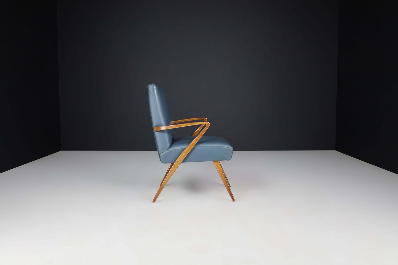 Mid Century Modern French Armchair In Blue Leather, 1950s photo vinterior