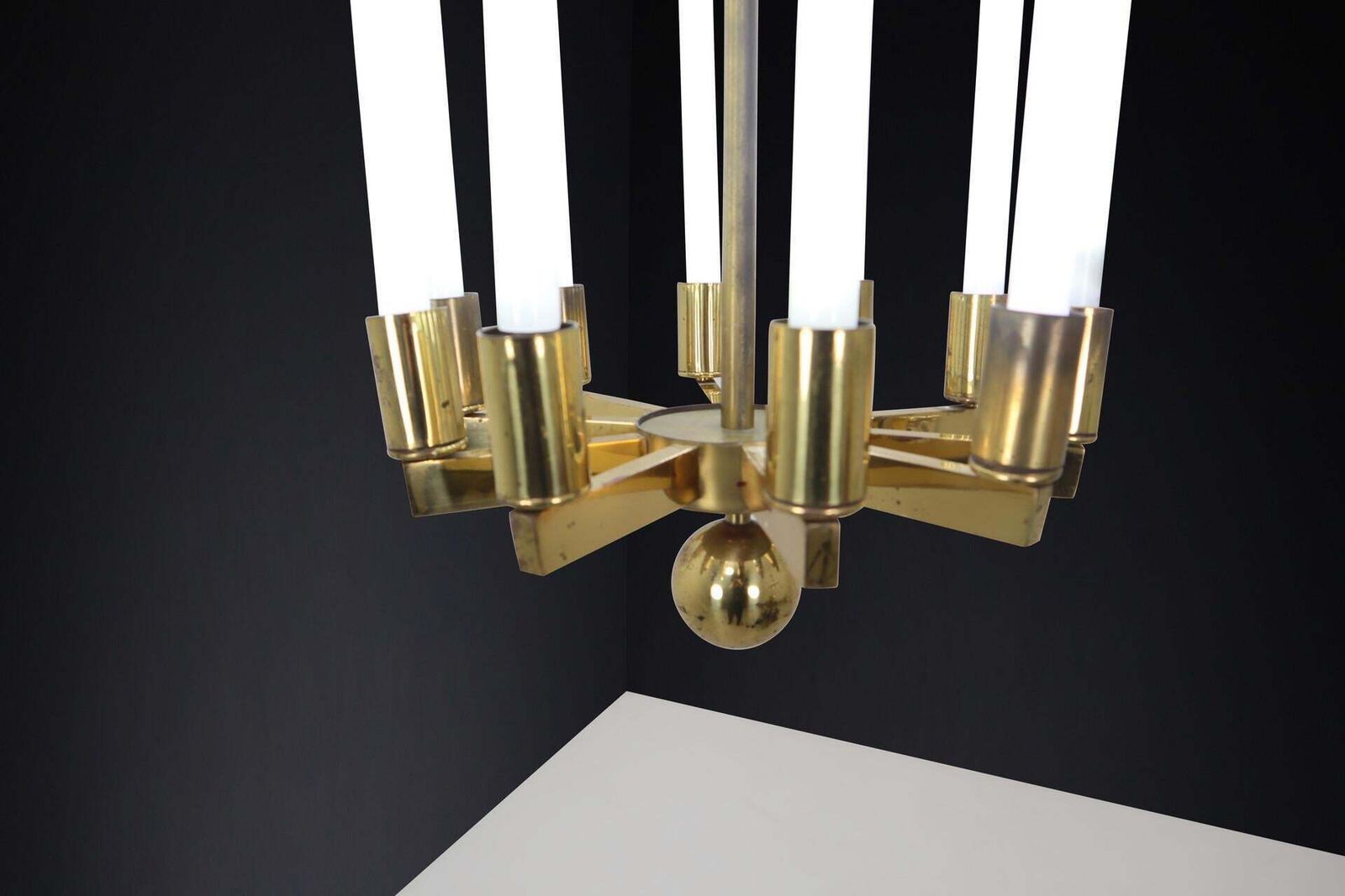 Large Brass Bauhaus Chandelier By Kaiser & Co., Germany, Circa 1940s photo vinterior