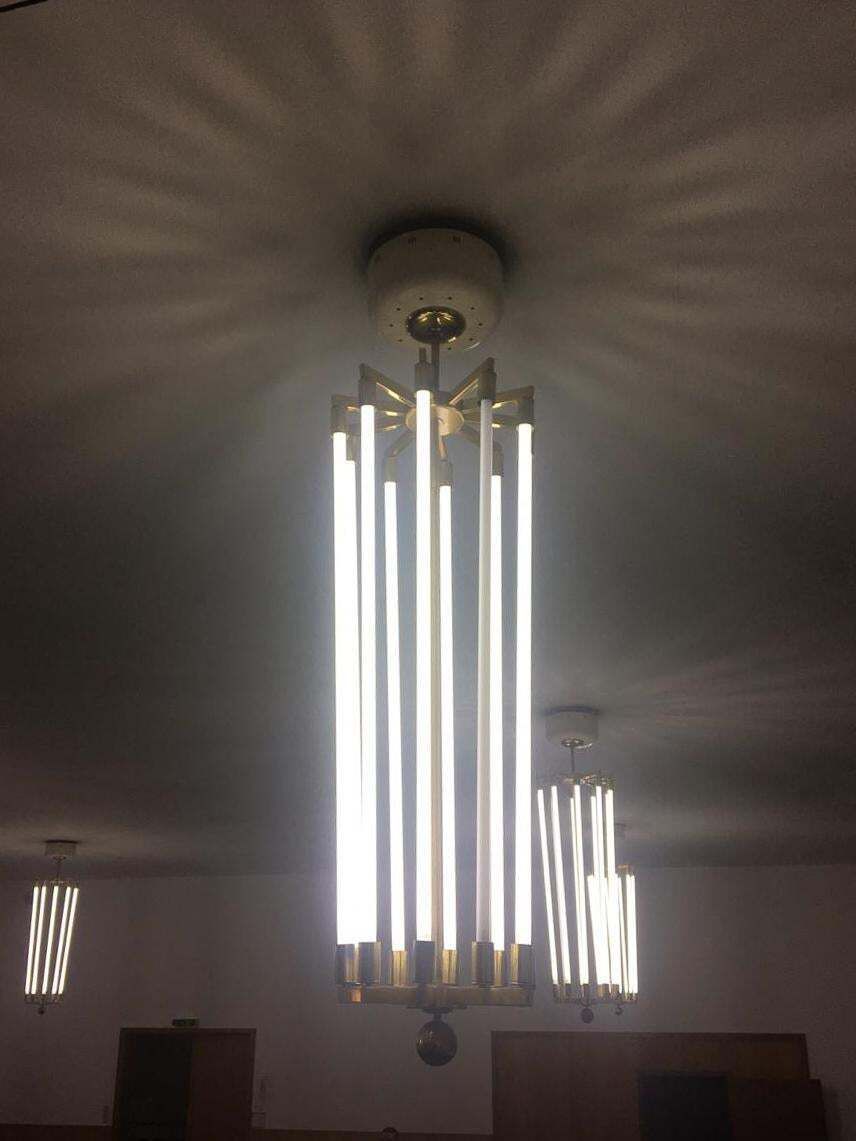 Large Brass Bauhaus Chandelier By Kaiser & Co., Germany, Circa 1940s photo vintage