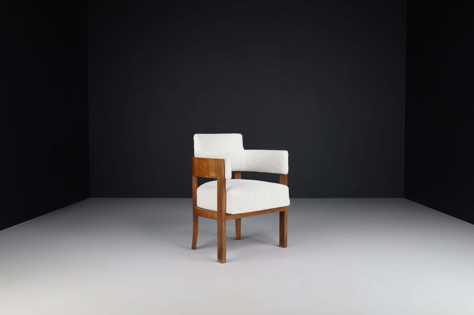 Art Deco Armchair In Bouclé Upholstery, Walnut, Prague, 1930s photo for sale