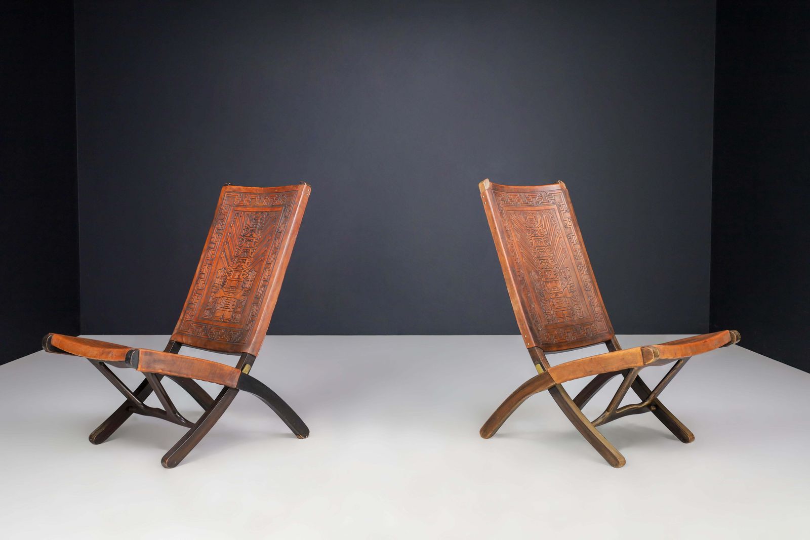 Angel I. Pazmino Cognac Colored Saddle Leather Folding Chairs Ecuador 1970s photo furniture