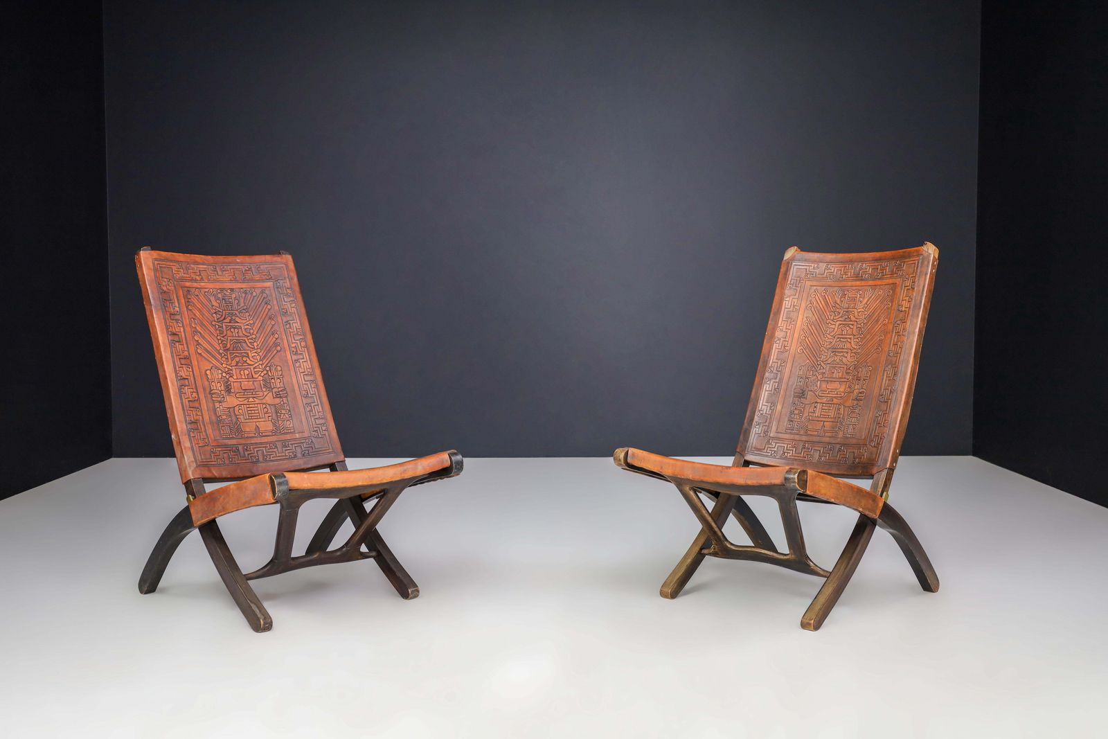 Angel I. Pazmino Cognac Colored Saddle Leather Folding Chairs Ecuador 1970s photo for sale