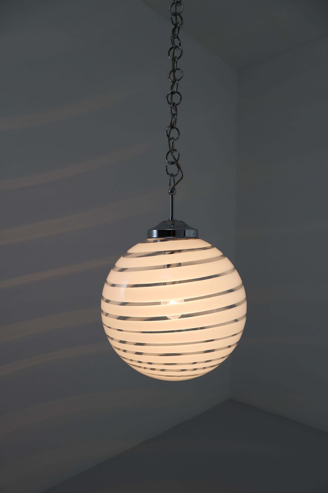 Midcentury Pendant In Chrome And Art Glass With White Streaks, Germany, 1970s photo furniture
