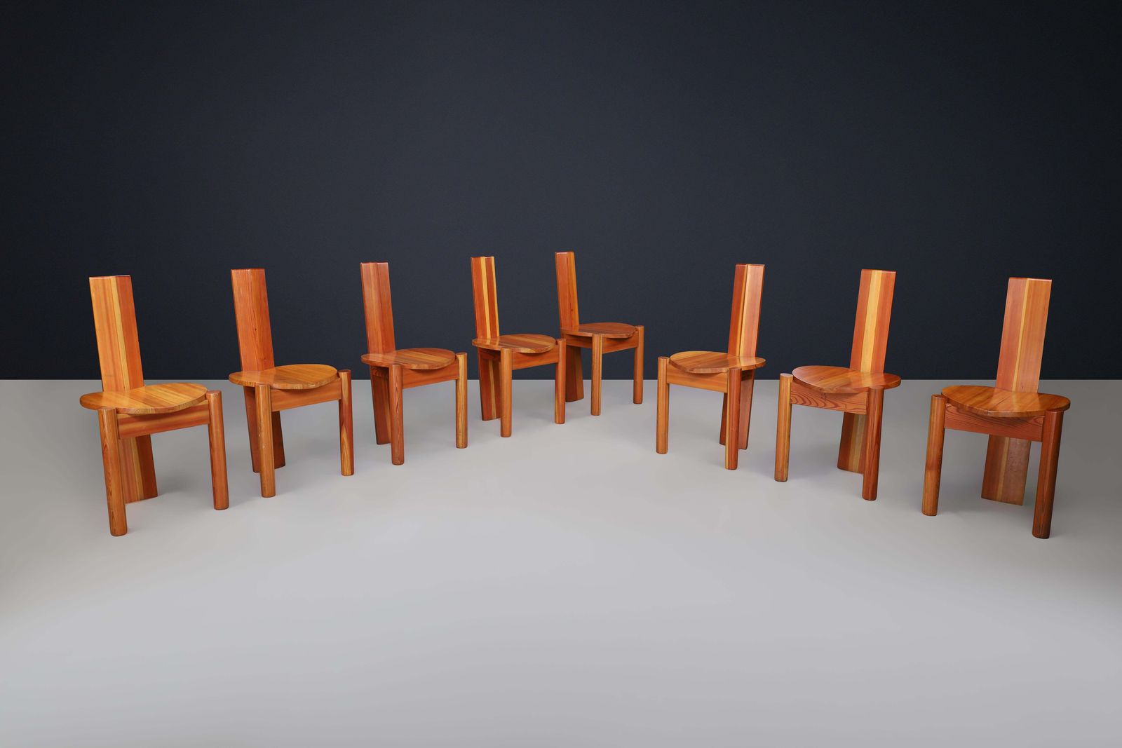 Set Of 8 Italian Postmodern Sculptural Pine Dining Chairs, 1970s photo vinterior