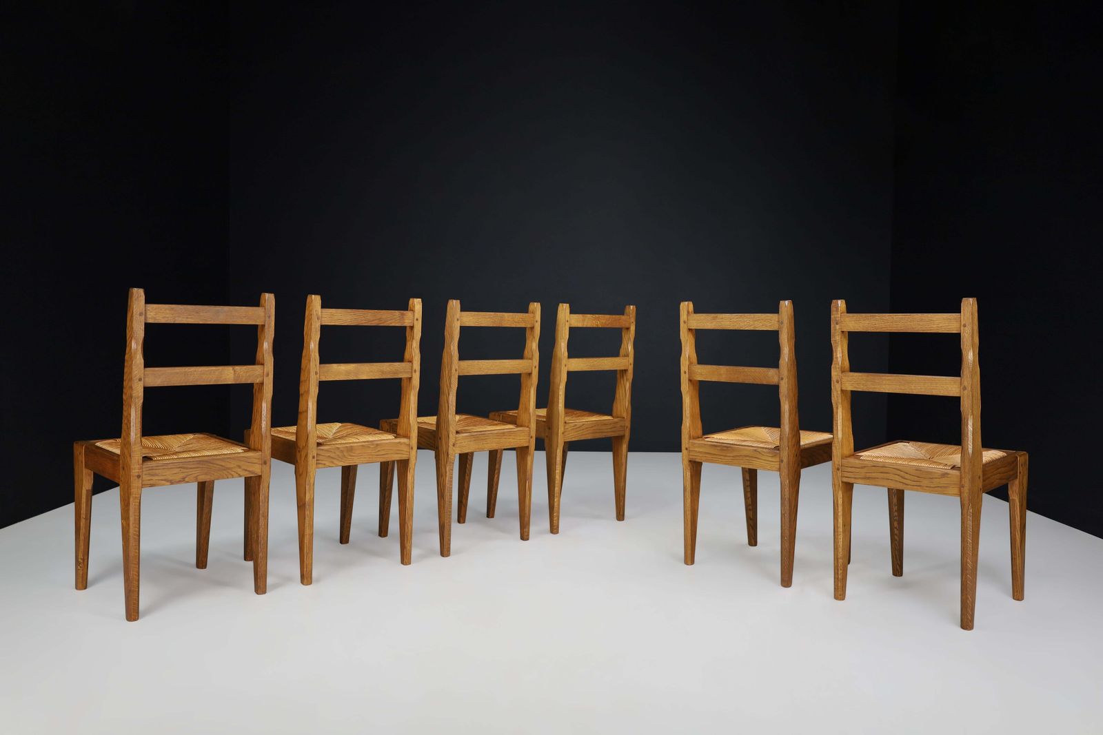 Midcentury Dinning Room Chairs In Oak And Rush Made In France 1960 photo for sale