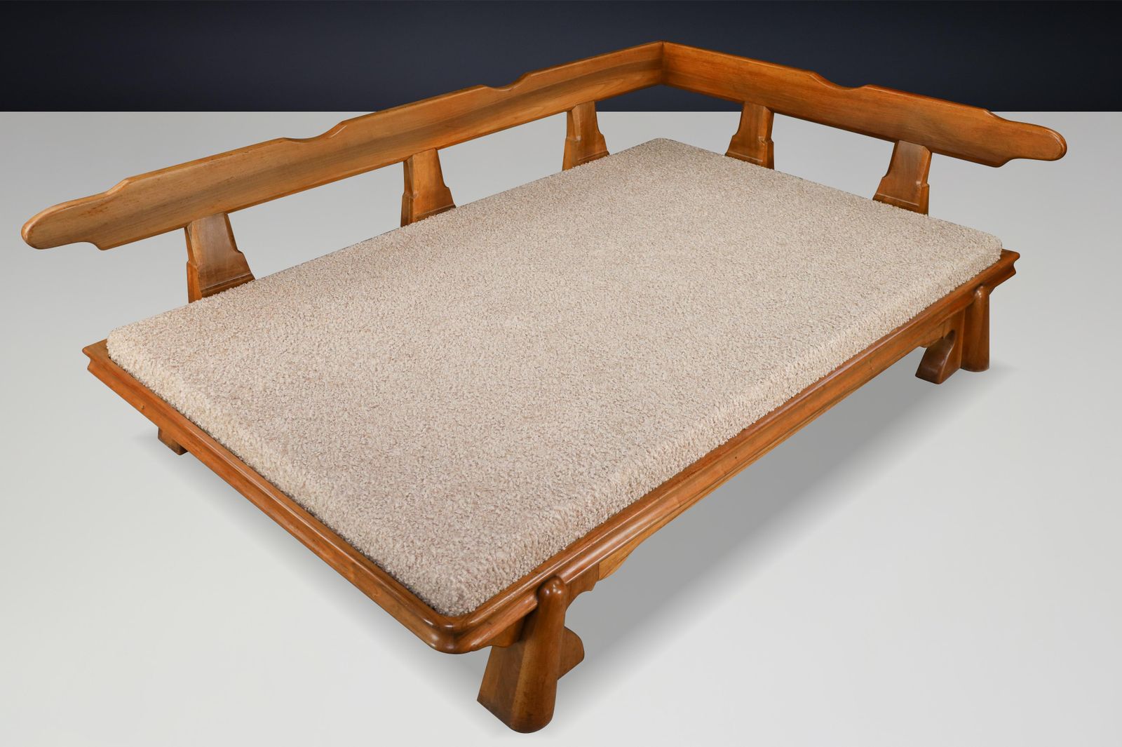 Monumental French Brutalist Walnut Daybed, Sculptural With Bouclé Upholstery. photo vinterior