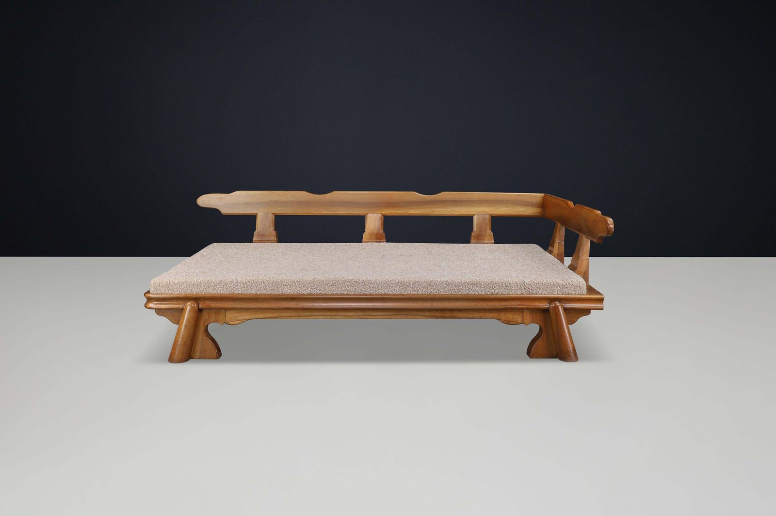 Furniture Monumental French Brutalist Walnut Daybed, Sculptural With Bouclé Upholstery. photo