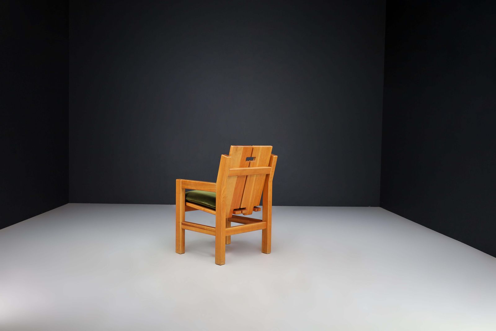 Mid Century Modern Elm Armchairs With Green Velvet Upholstery, France 1970s photo vinterior