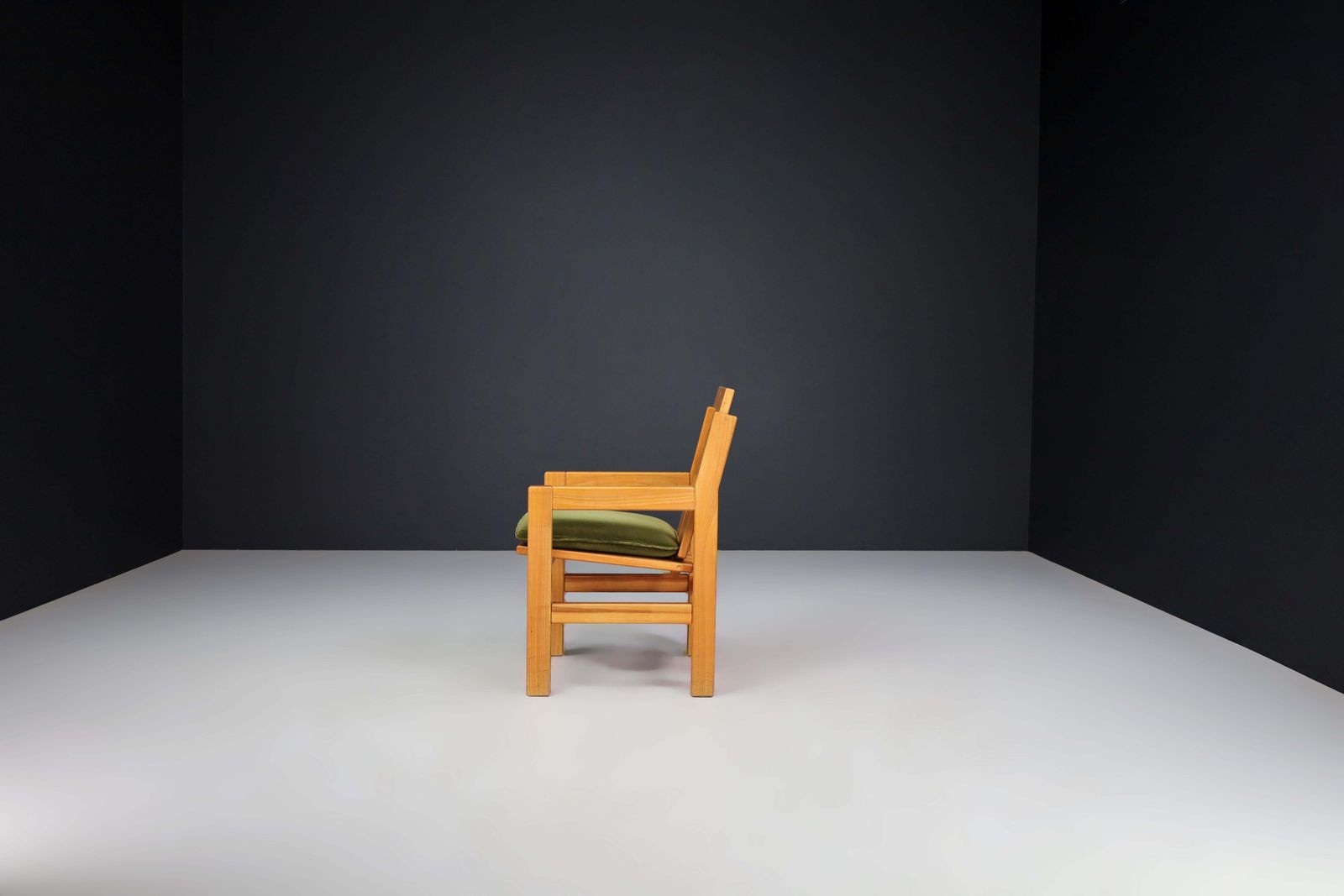 photo furniture Mid Century Modern Elm Armchairs With Green Velvet Upholstery, France 1970s