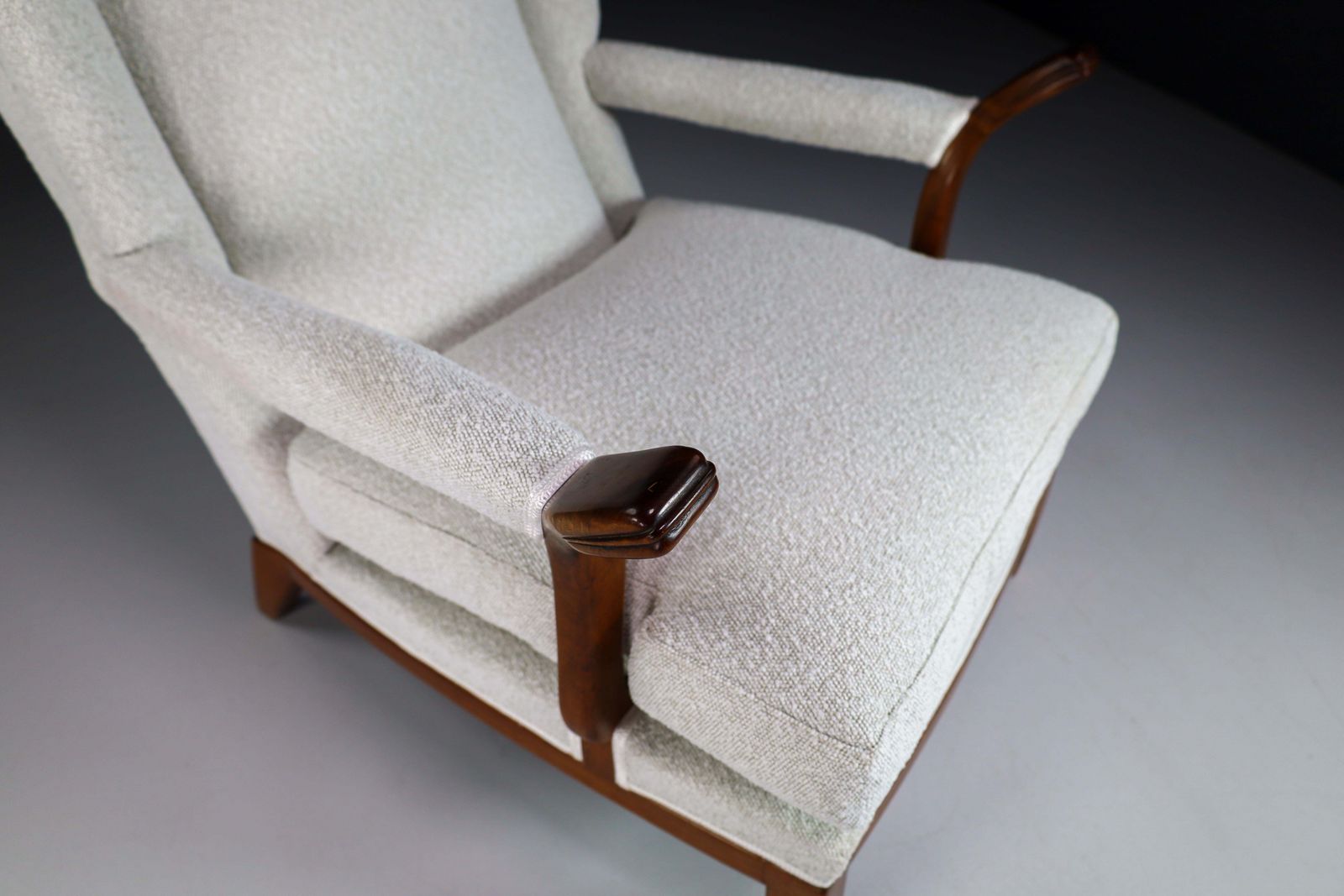 Large Wingback Chair In Walnut And New Bouclé Fabric, France, 1930s photo vinterior