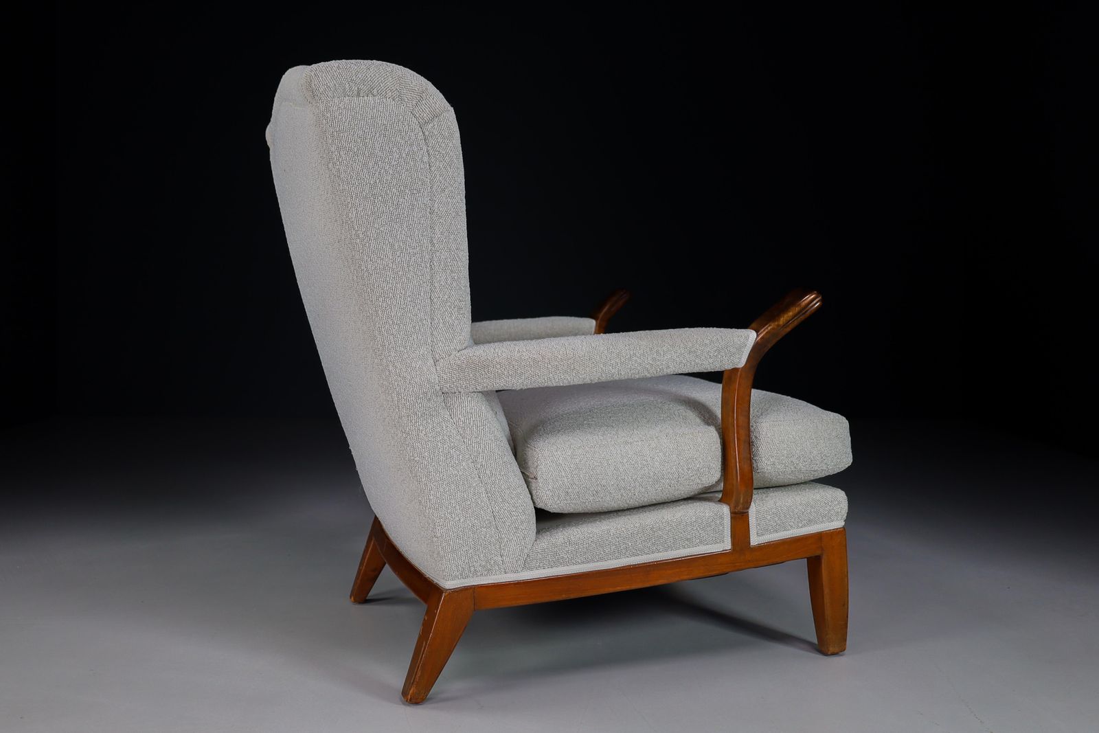 photo for sale Large Wingback Chair In Walnut And New Bouclé Fabric, France, 1930s