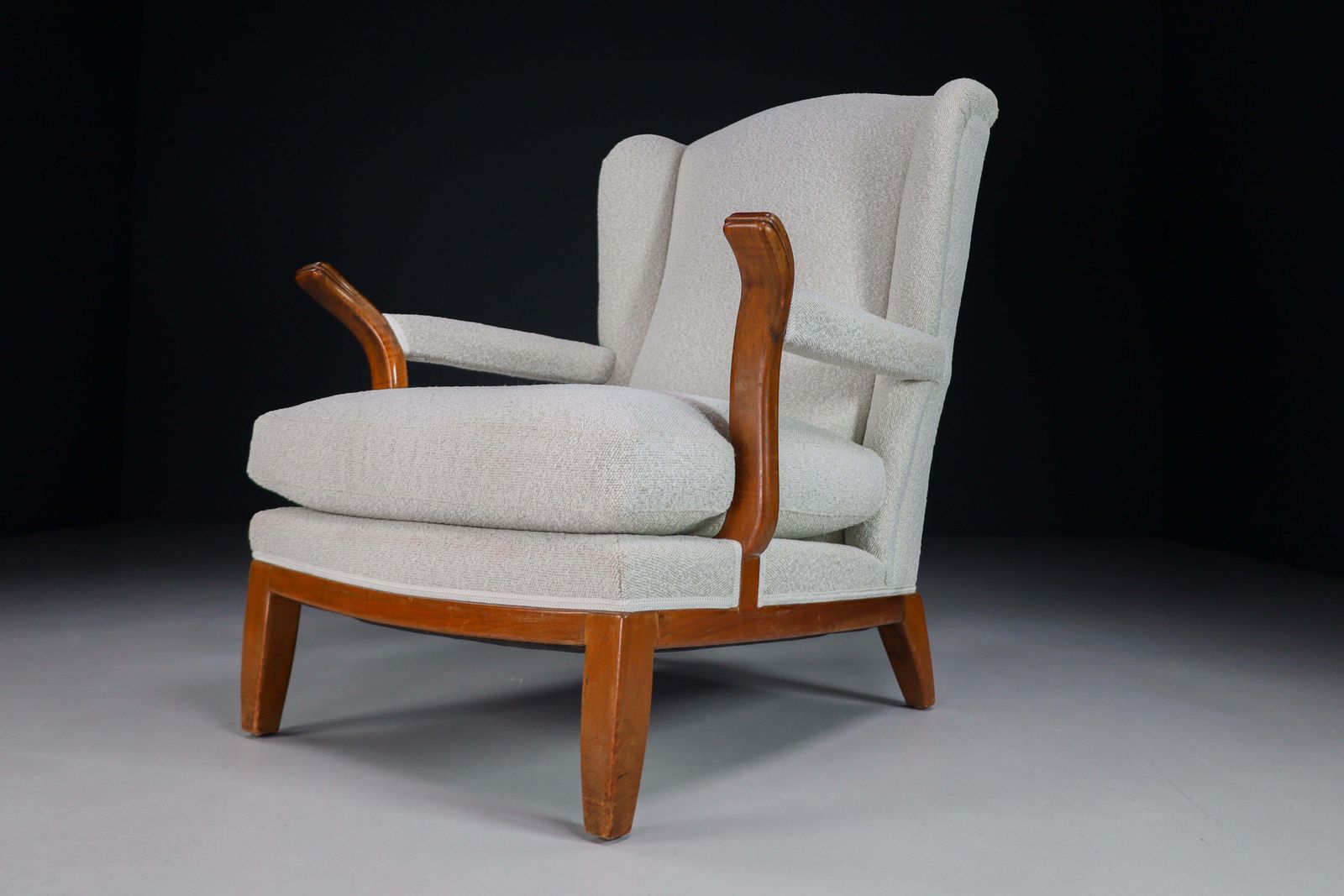 5278.0 Large Wingback Chair In Walnut And New Bouclé Fabric, France, 1930s photo