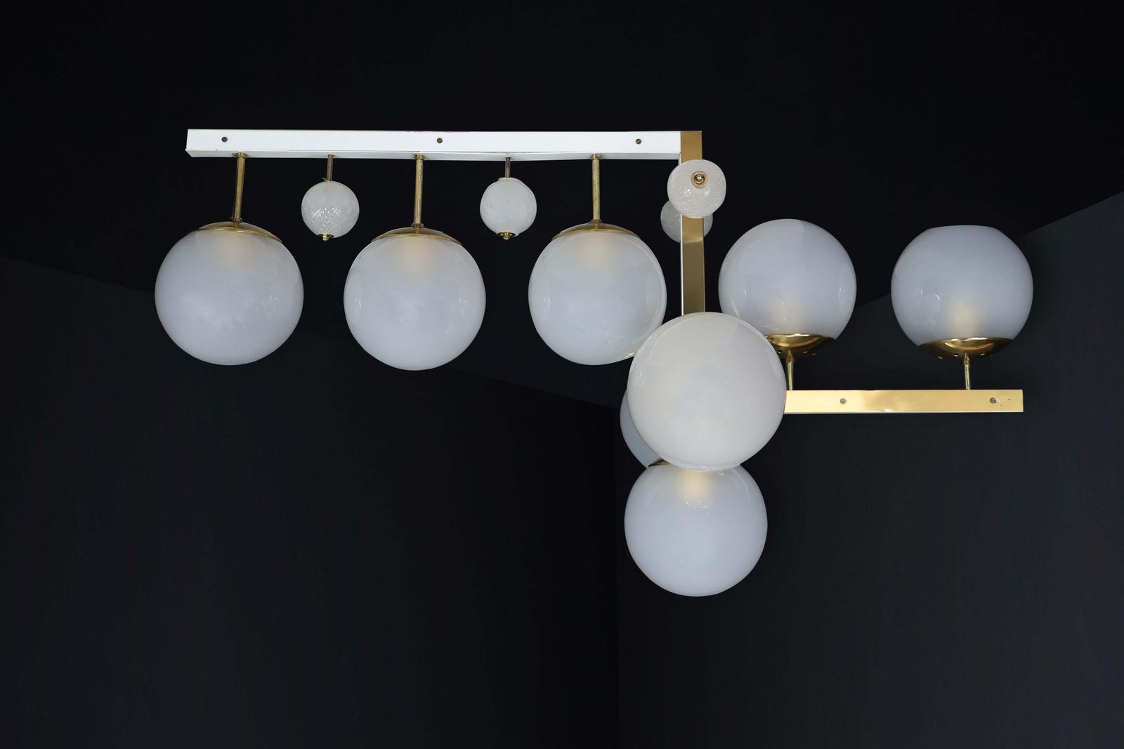 Mid Century Modern Brass And Frosted Glass Chandelier, Prague, 1960s photo for sale