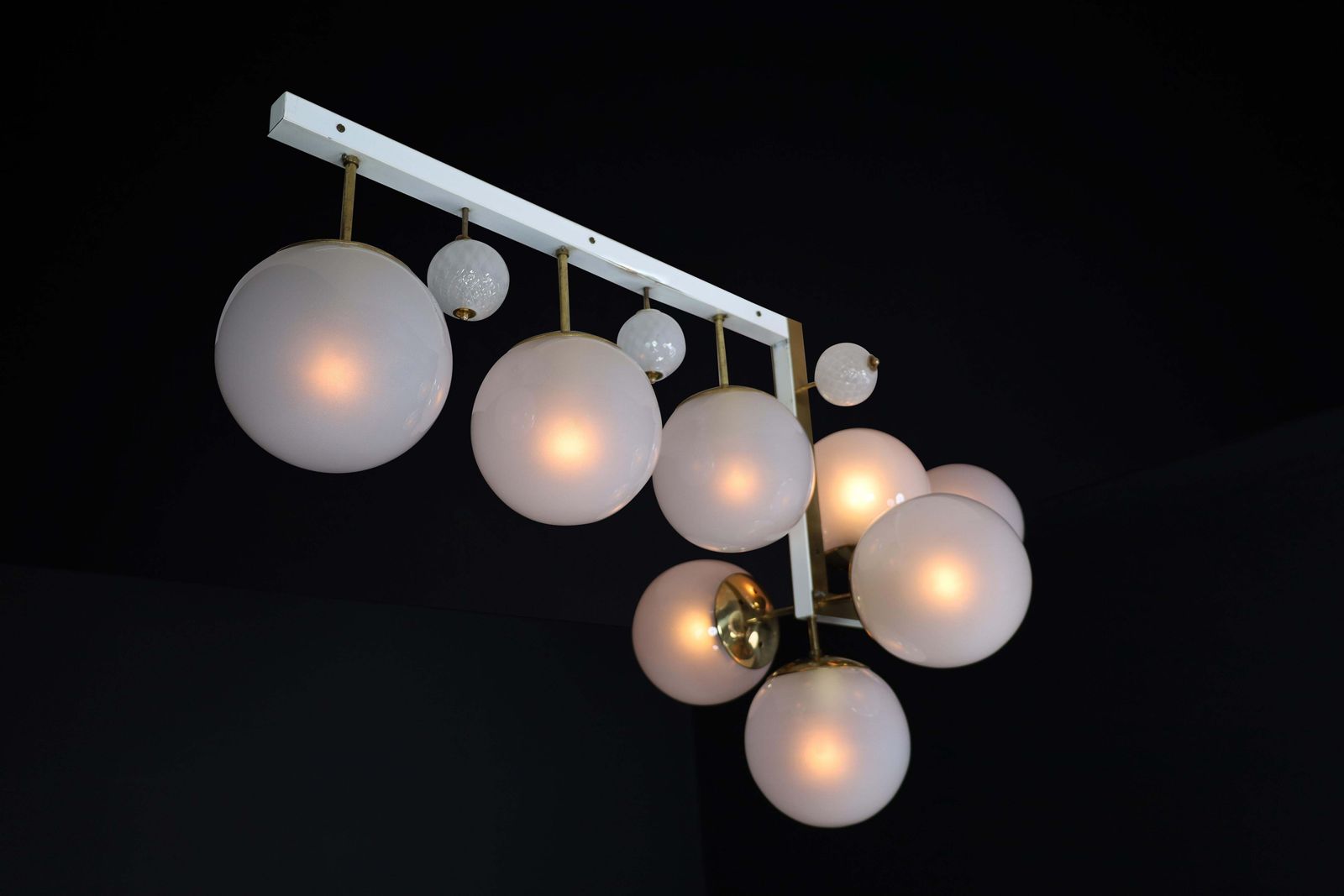 Mid Century Modern Brass And Frosted Glass Chandelier, Prague, 1960s photo Lighting