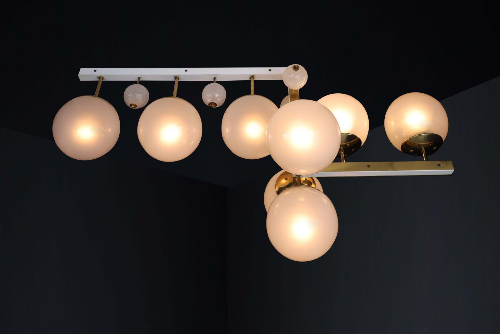 Mid Century Modern Brass And Frosted Glass Chandelier, Prague, 1960s photo vinterior
