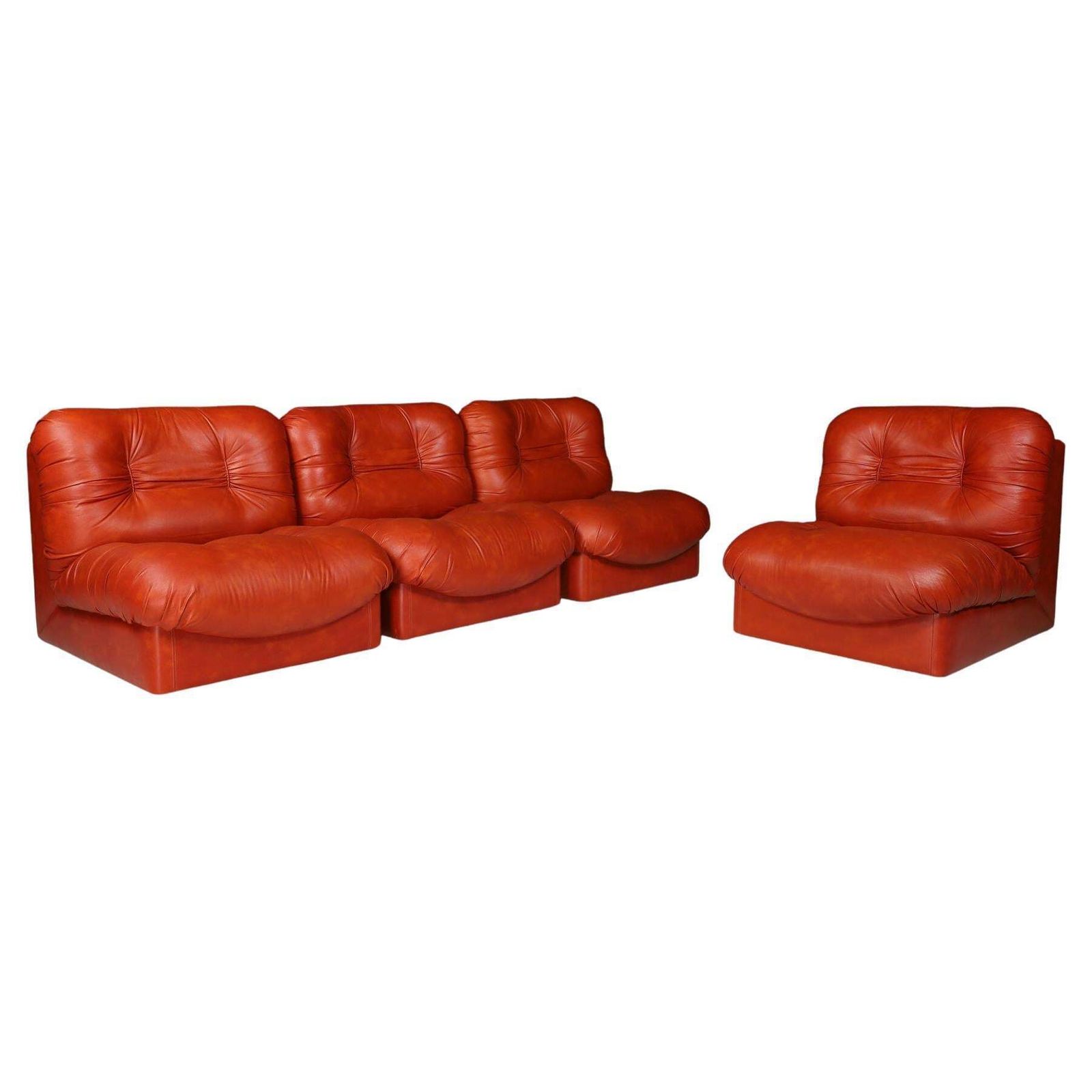 Set Of Four Red Leather Mid Century Lounge Chairs, Sofa , Italy 1970