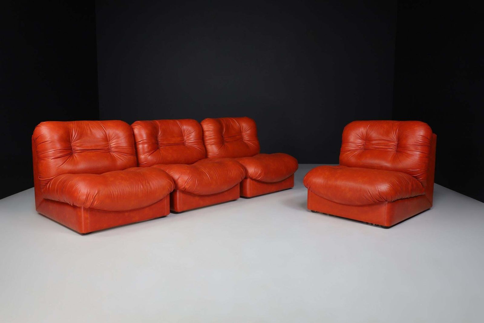 Set Of Four Red Leather Mid Century Lounge Chairs, Sofa , Italy 1970 photo furniture