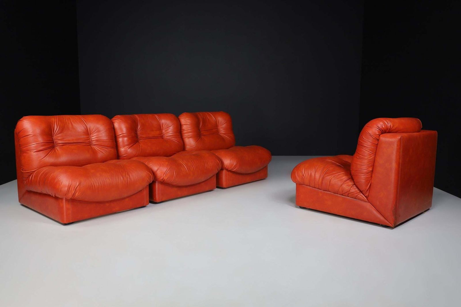 Set Of Four Red Leather Mid Century Lounge Chairs, Sofa , Italy 1970 photo for sale