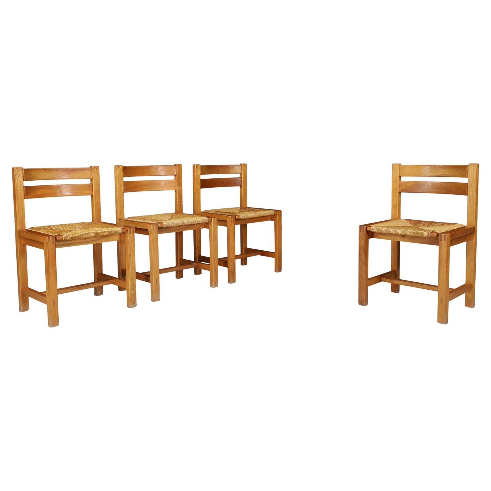 Set Of 4 Mid Century Modern Elm And Rush Dining Chairs By Maison Regain, France