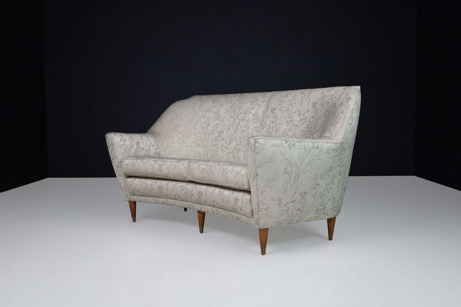 Mid Century Sofa In Leaf Motif Fabric And Tapered Wooden Legs, Italy, 1950s photo furniture
