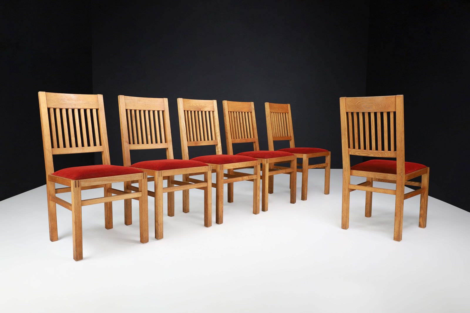 Blonde Oak And Crimson Red Velvet Dining Room Chairs The Netherlands 1970s Set/6 photo for sale