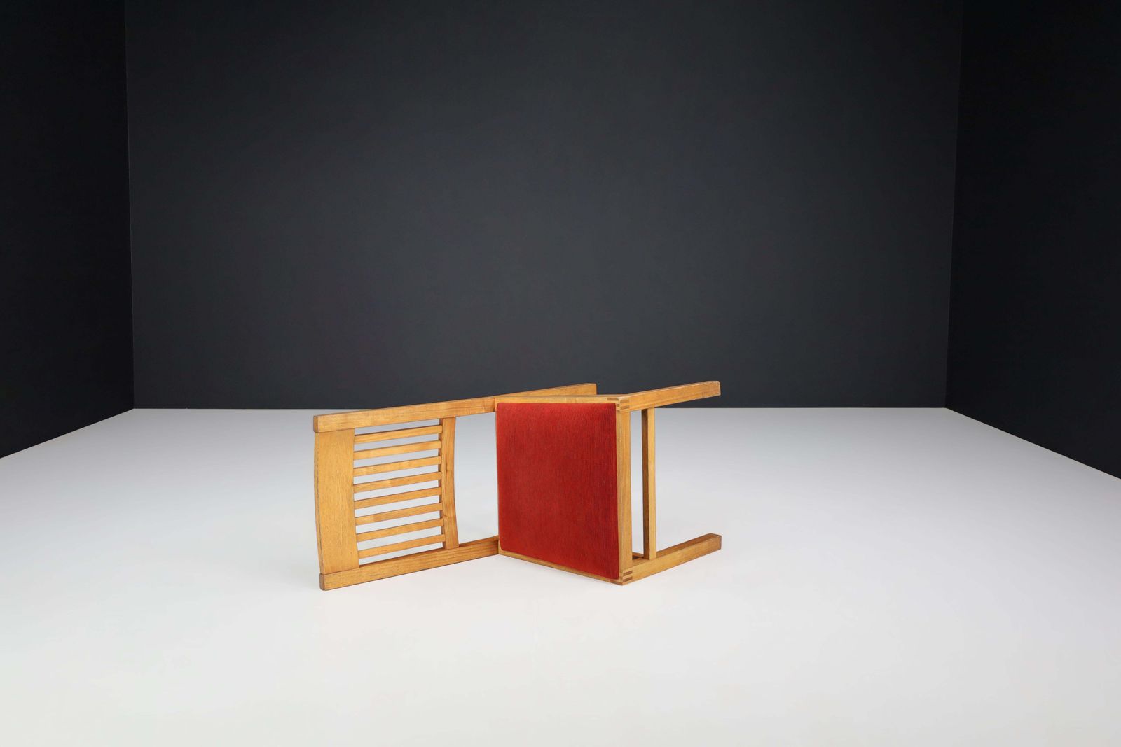 Blonde Oak And Crimson Red Velvet Dining Room Chairs The Netherlands 1970s Set/6 photo vinterior