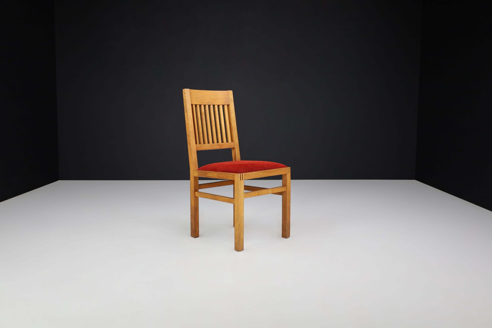 photo for sale Blonde Oak And Crimson Red Velvet Dining Room Chairs The Netherlands 1970s Set/6