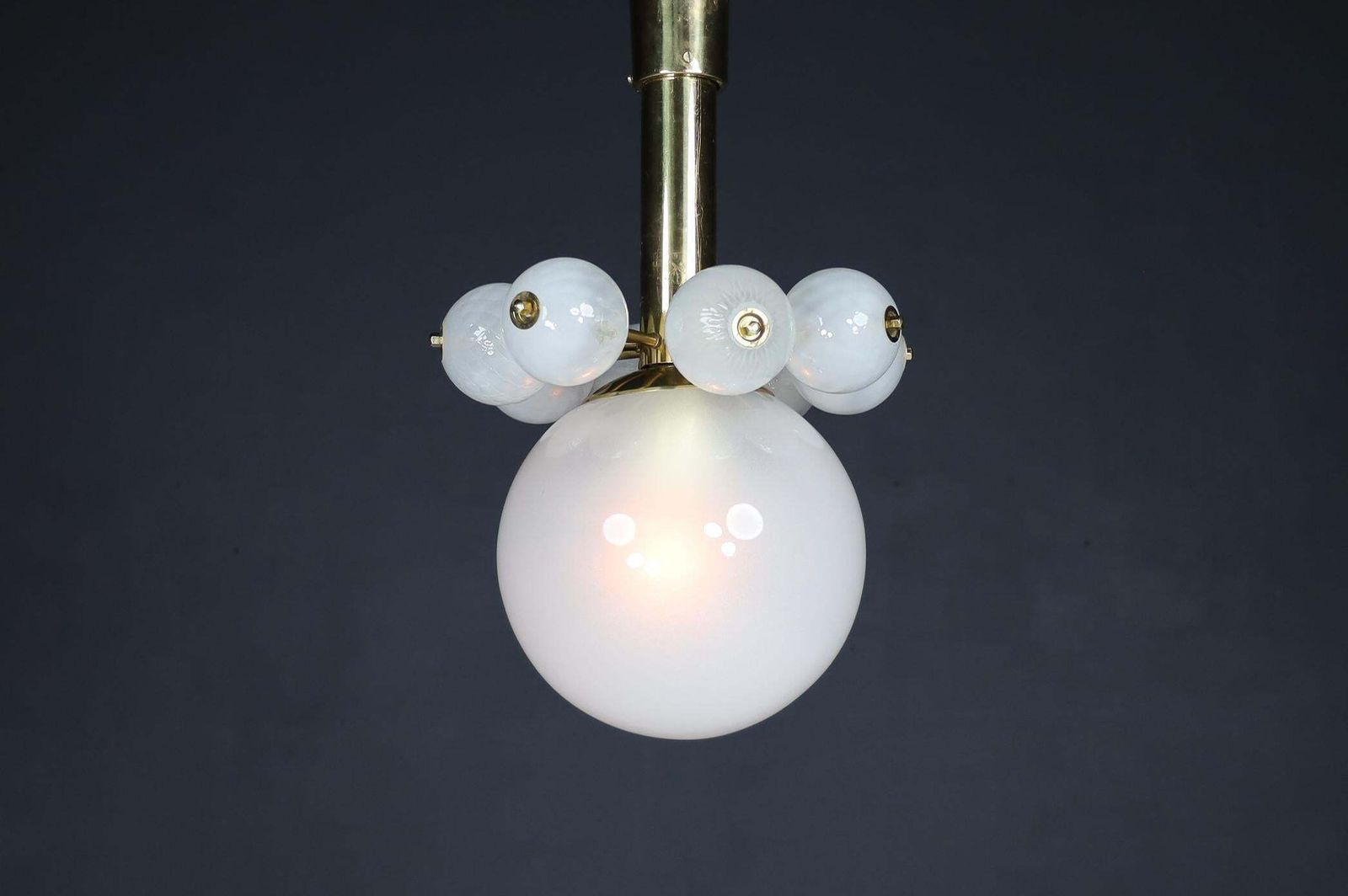 Large Set Chandeliers With Brass Fixture And Hand Blowed Frosted Glass Globes photo for sale