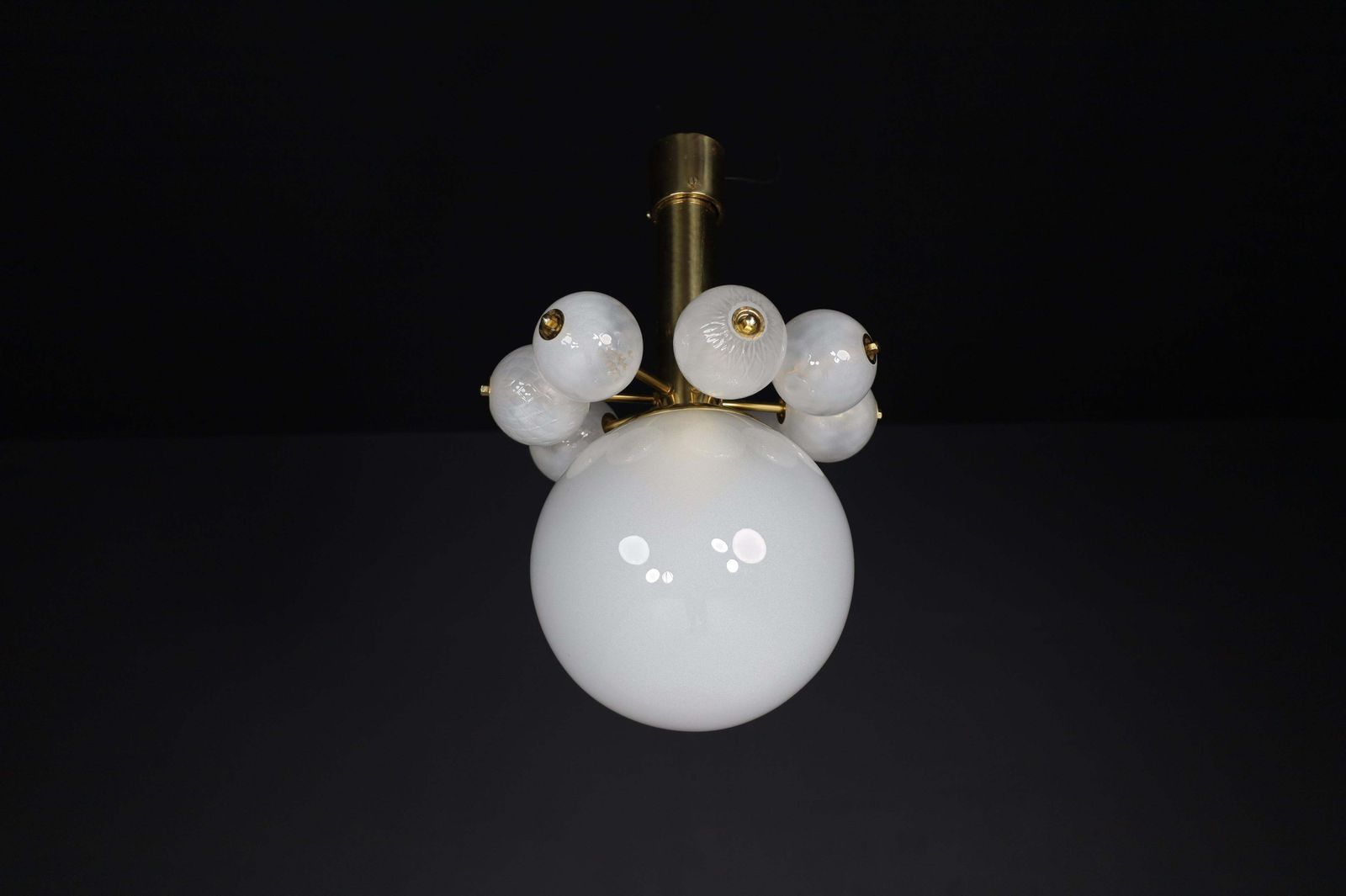 Large Set Chandeliers With Brass Fixture And Hand Blowed Frosted Glass Globes photo vinterior