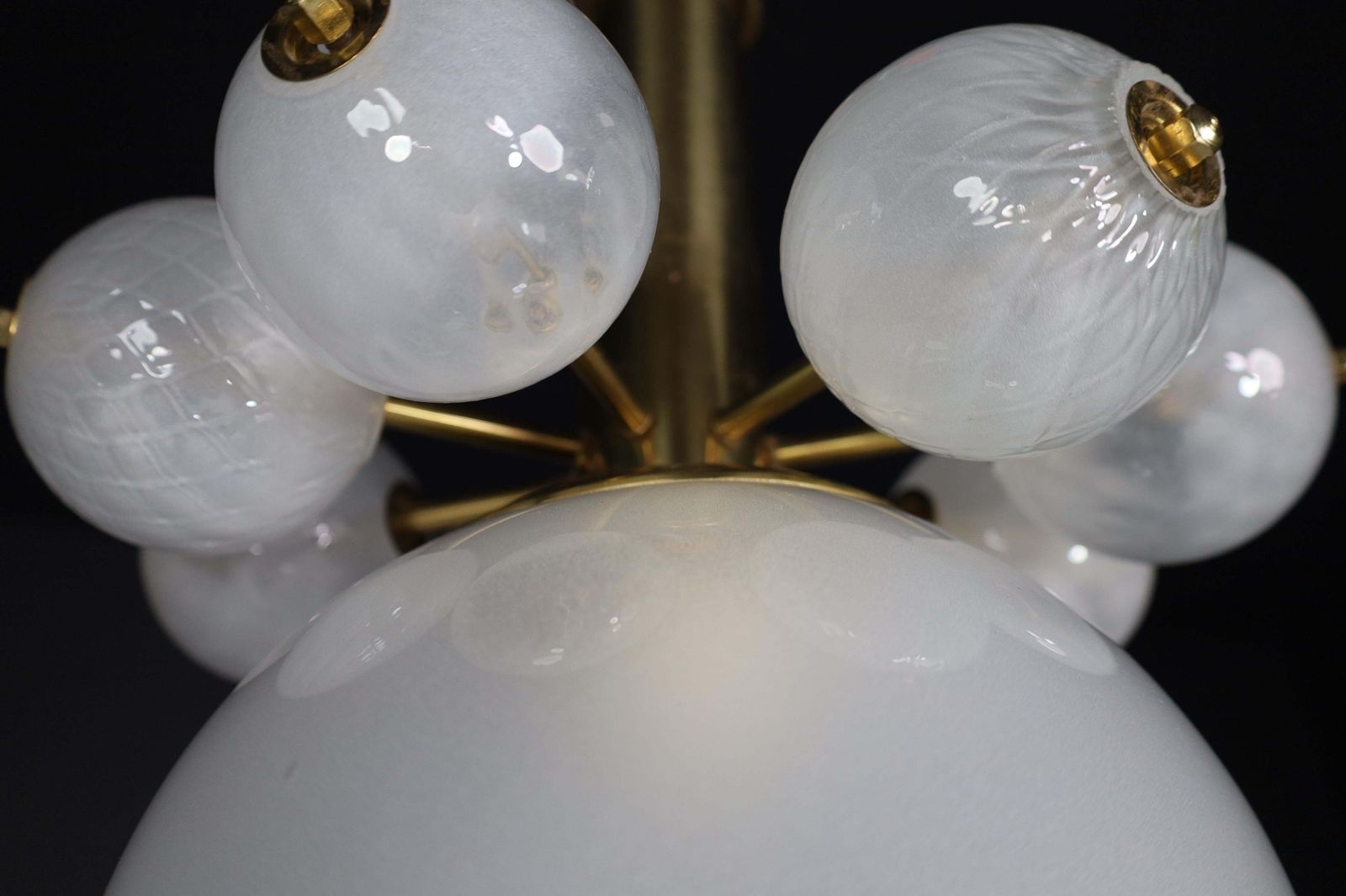 photo for sale Large Set Chandeliers With Brass Fixture And Hand Blowed Frosted Glass Globes