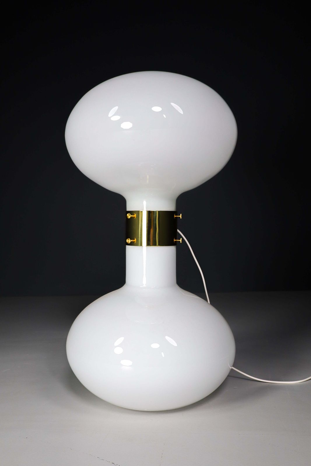 Pair Of Two Brass And Opaline Glass Floor Table Lamps, Italy 1970s photo furniture