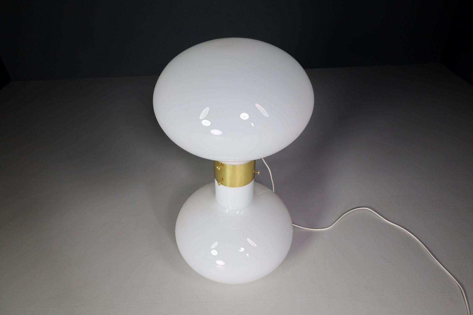 Pair Of Two Brass And Opaline Glass Floor Table Lamps, Italy 1970s photo vintage