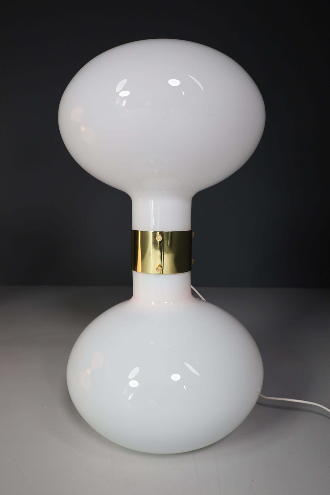 photo for sale Pair Of Two Brass And Opaline Glass Floor Table Lamps, Italy 1970s