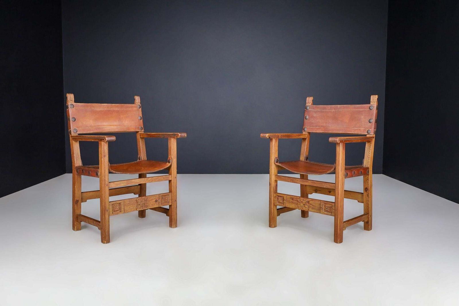 Provincial Mid Century Armchairs In Patinated Cognac Saddle Leather, France 1950 photo furniture