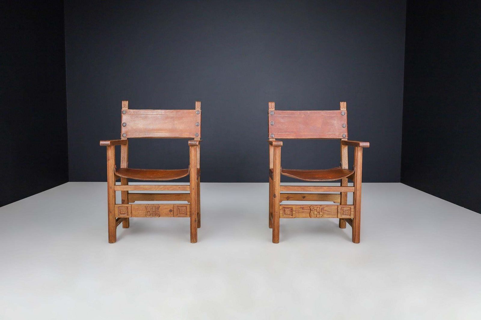 Provincial Mid Century Armchairs In Patinated Cognac Saddle Leather, France 1950 photo Furniture