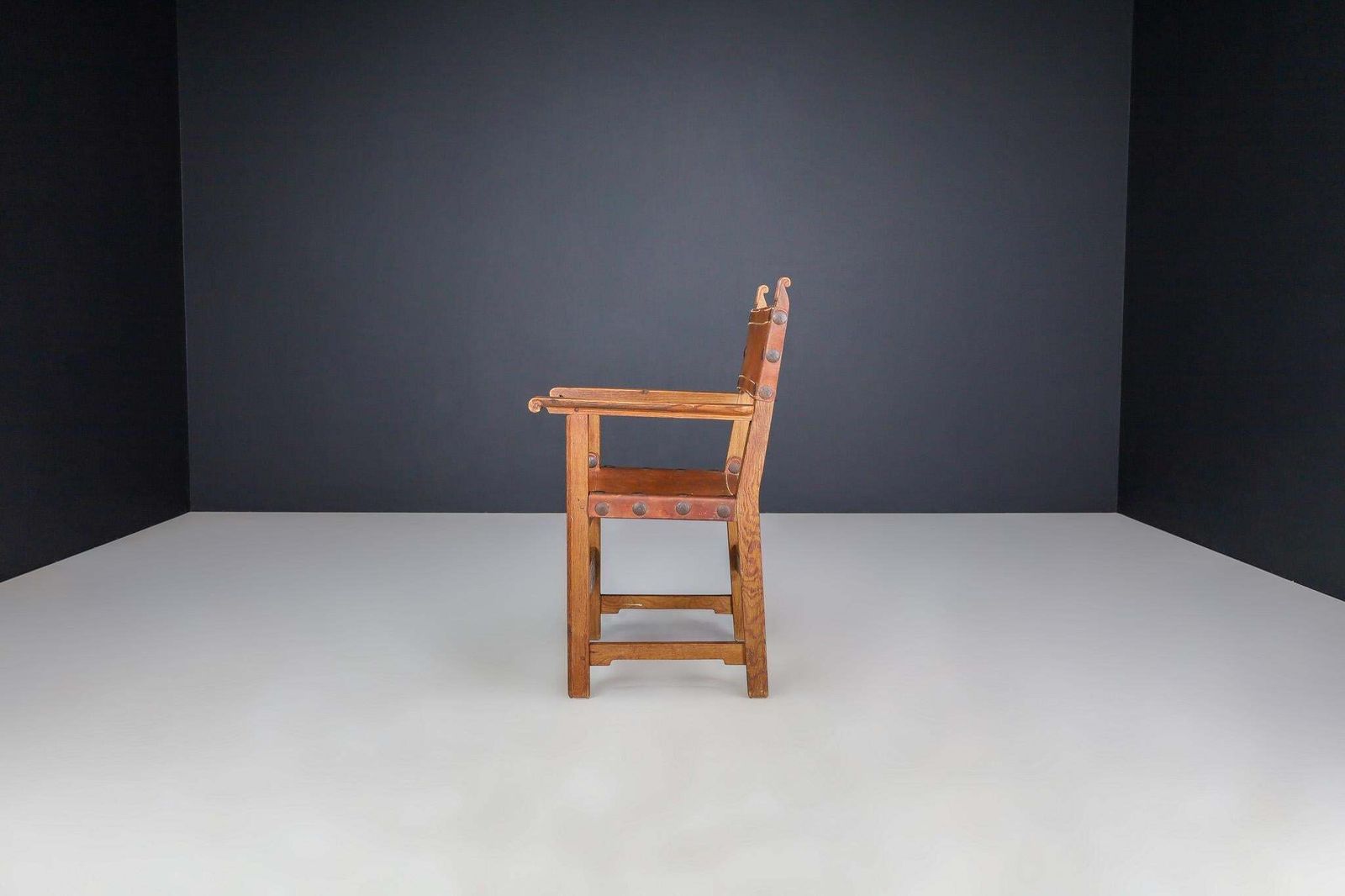 Provincial Mid Century Armchairs In Patinated Cognac Saddle Leather, France 1950 photo vinterior