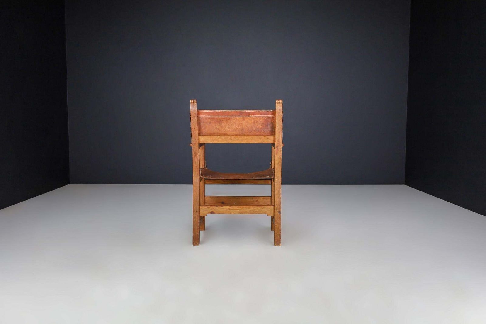 Provincial Mid Century Armchairs In Patinated Cognac Saddle Leather, France 1950 photo vintage
