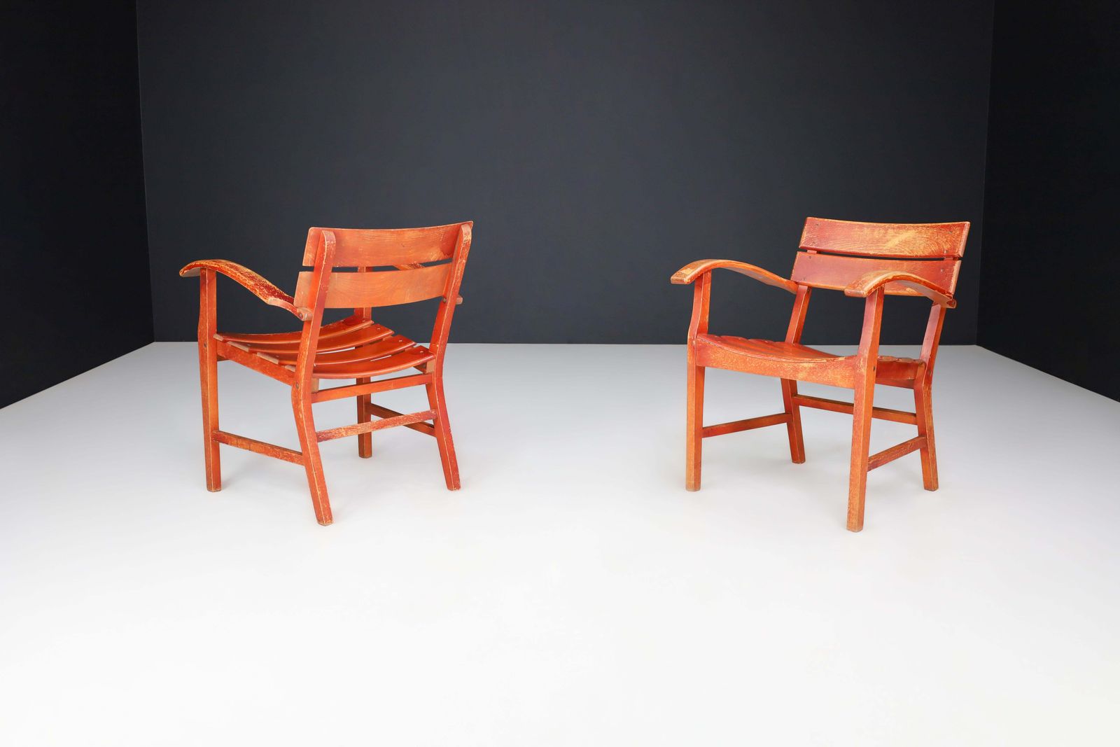 Midcentury Patinated French Oak Garden Armchairs, France 1950s photo Garden Furniture