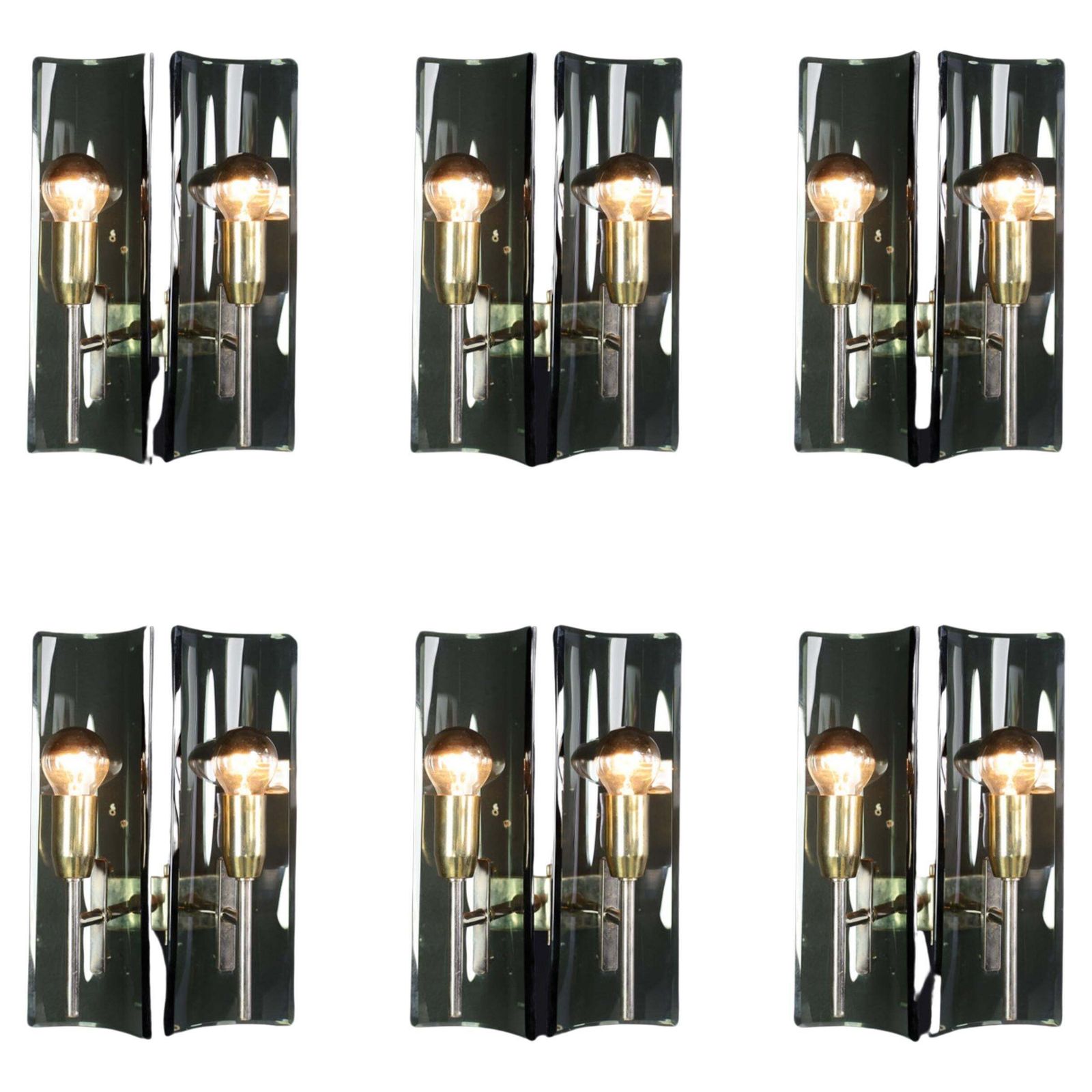 Set Of Six Gino Paroldo Sconces In Brass And Curved Glass, Italy 1950s