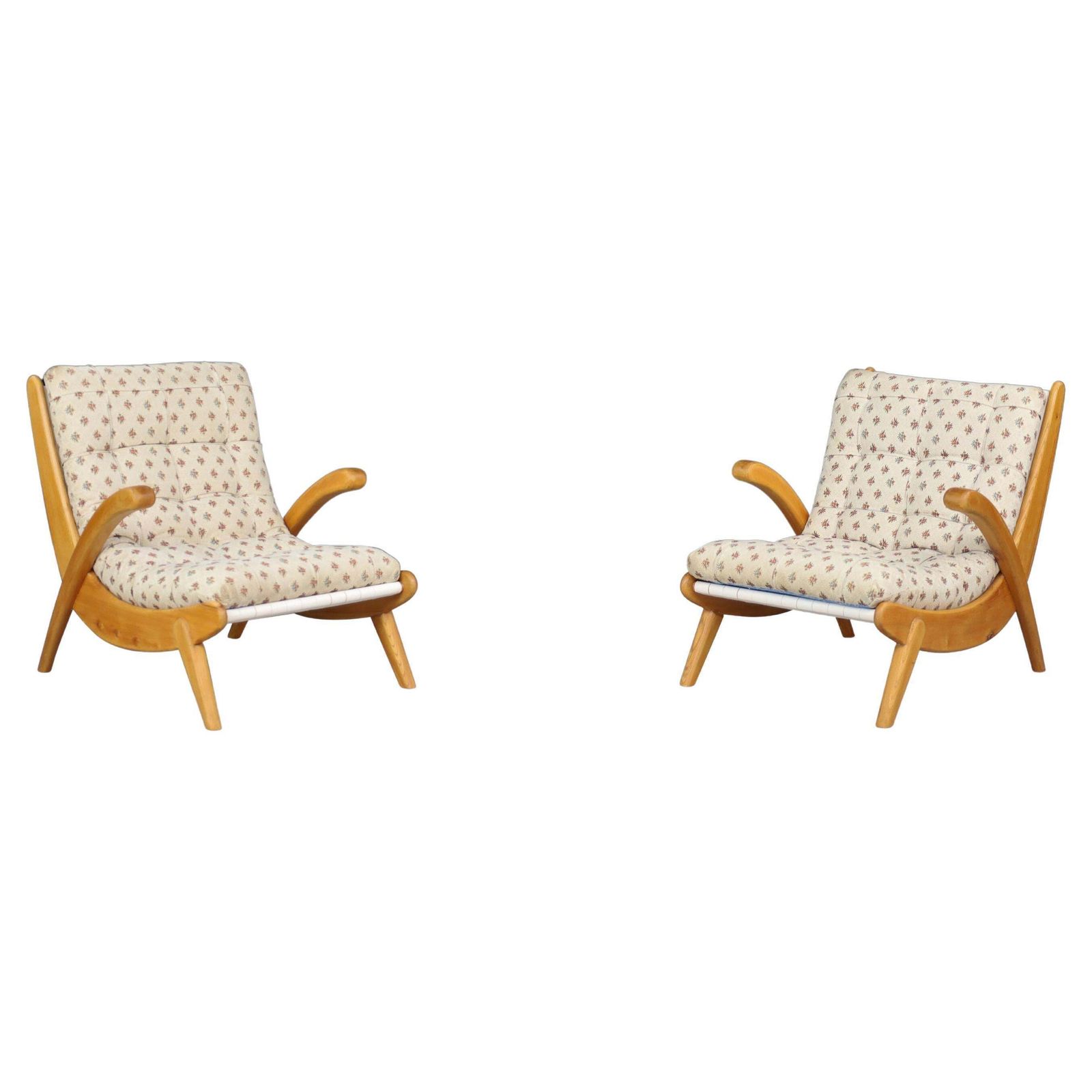 Jan Vanek's Curved Easy Chairs Curved Oak, Canvas And Original Upholstery 1950