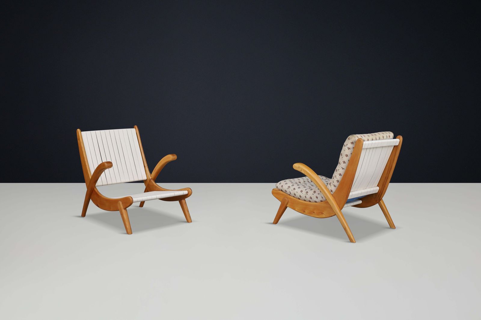 Jan Vanek's Curved Easy Chairs Curved Oak, Canvas And Original Upholstery 1950 photo buy