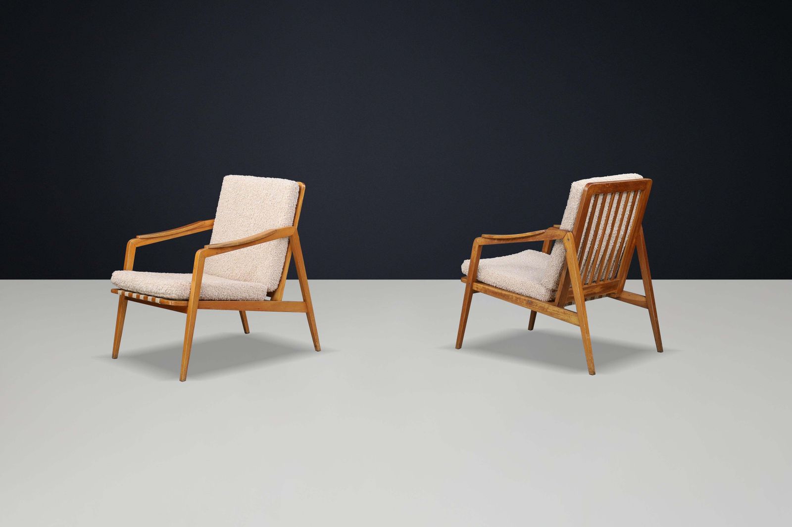 Pair Of Mid Century Lounge Chairs In French Ash With New Teddy Upholstery, 1960s photo buy