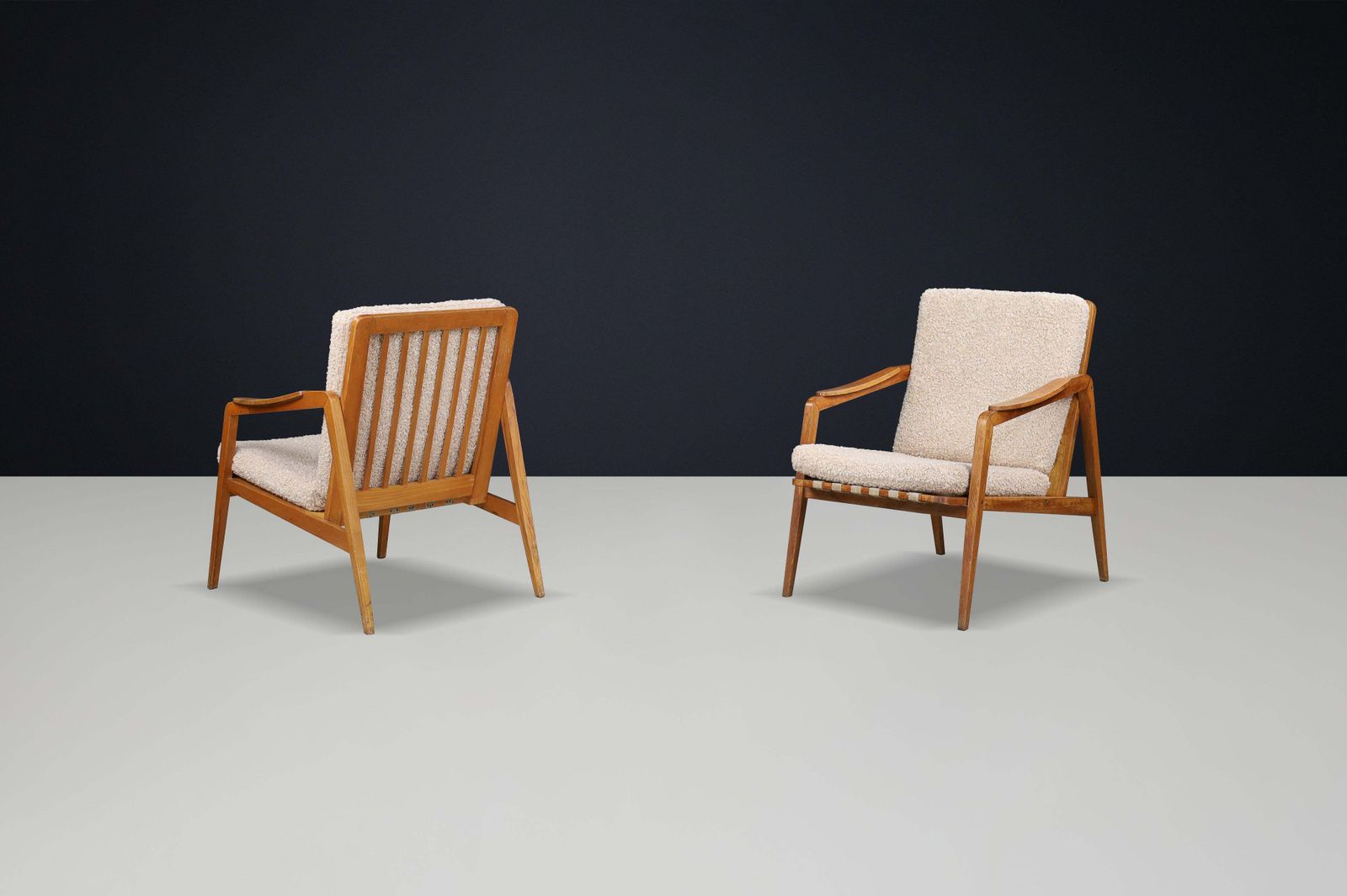 Pair Of Mid Century Lounge Chairs In French Ash With New Teddy Upholstery, 1960s photo vintage