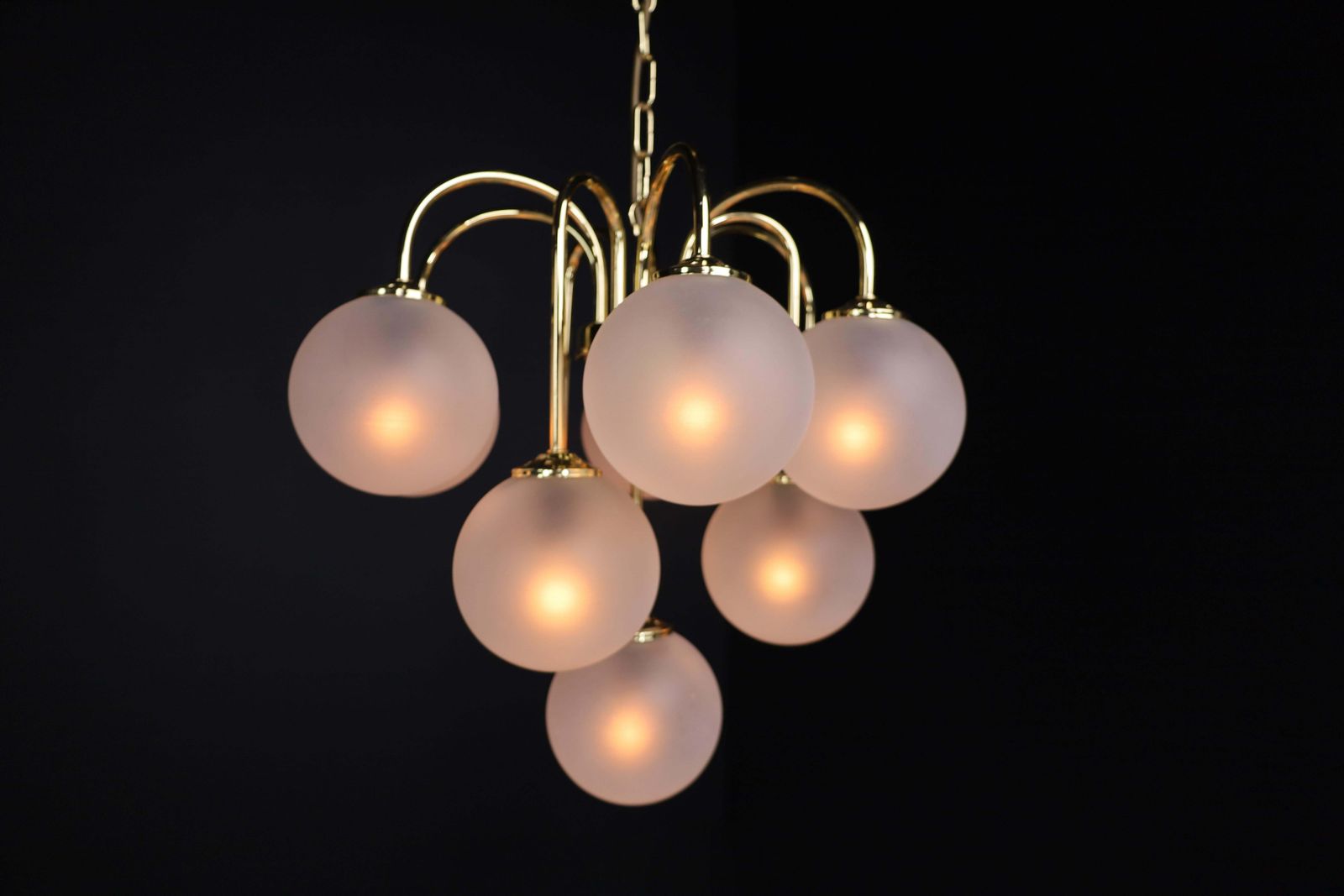 Chandelier In Frosted Hand Blown Glass Globes & Brass, Italy, 1970s photo for sale