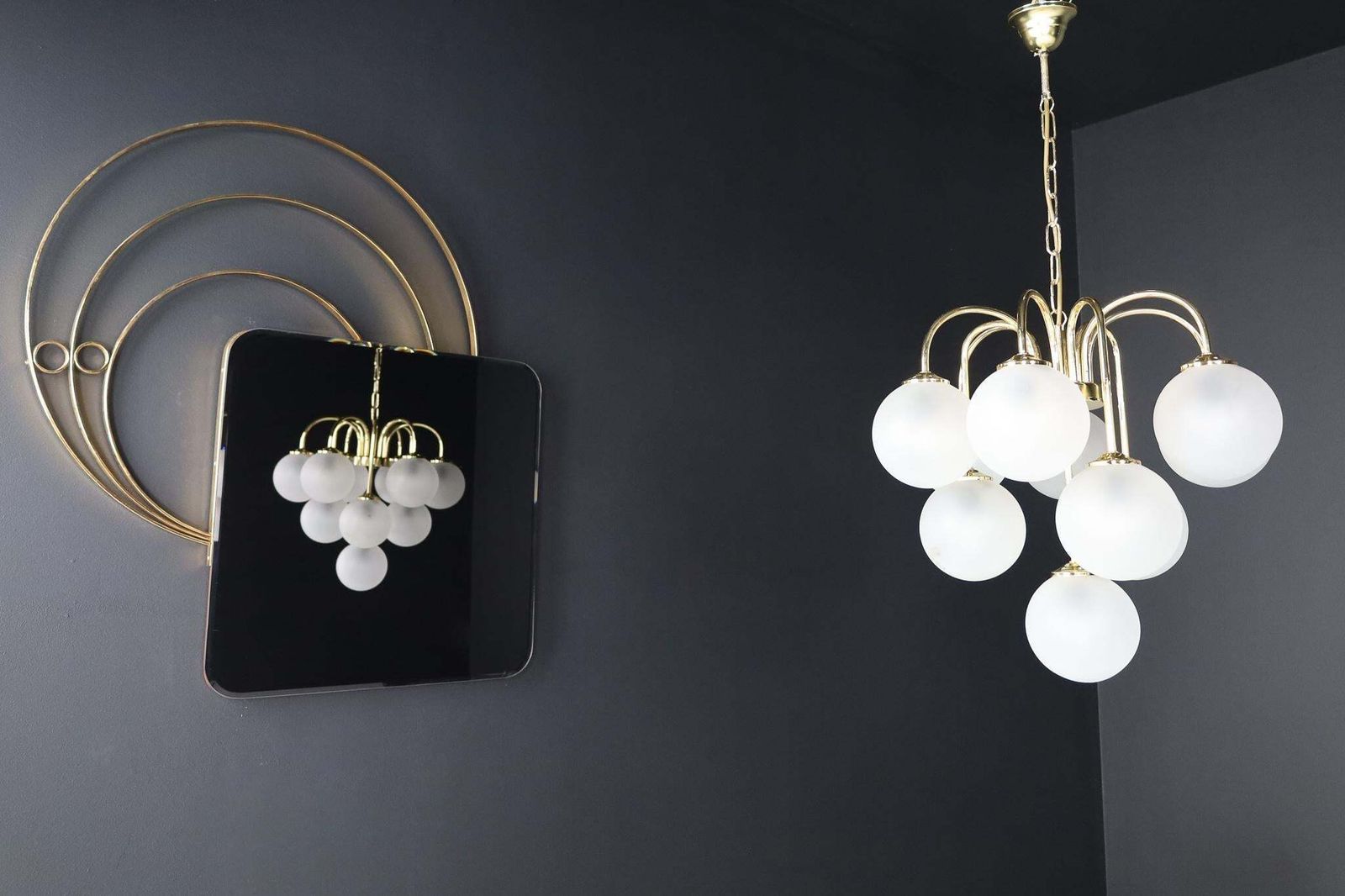 photo for sale Chandelier In Frosted Hand Blown Glass Globes & Brass, Italy, 1970s