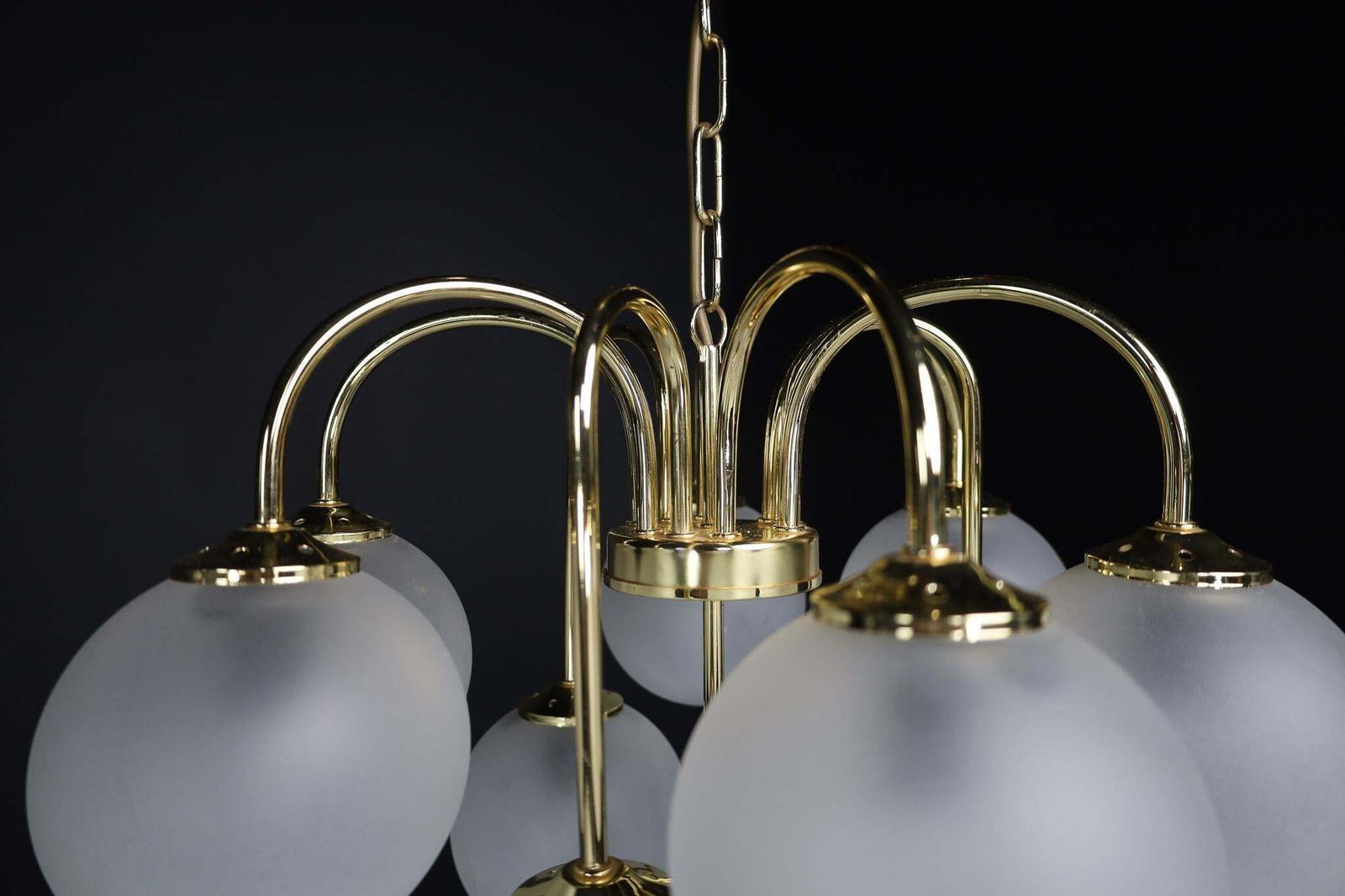 Lighting Chandelier In Frosted Hand Blown Glass Globes & Brass, Italy, 1970s photo