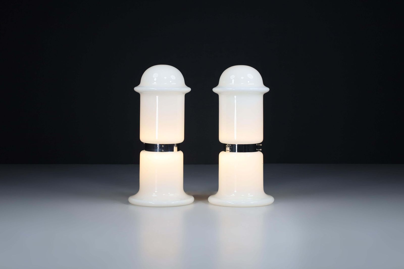 photo furniture Pair Of Two Chrome And Opaline Glass Floor Table Lamps, Italy, 1970s