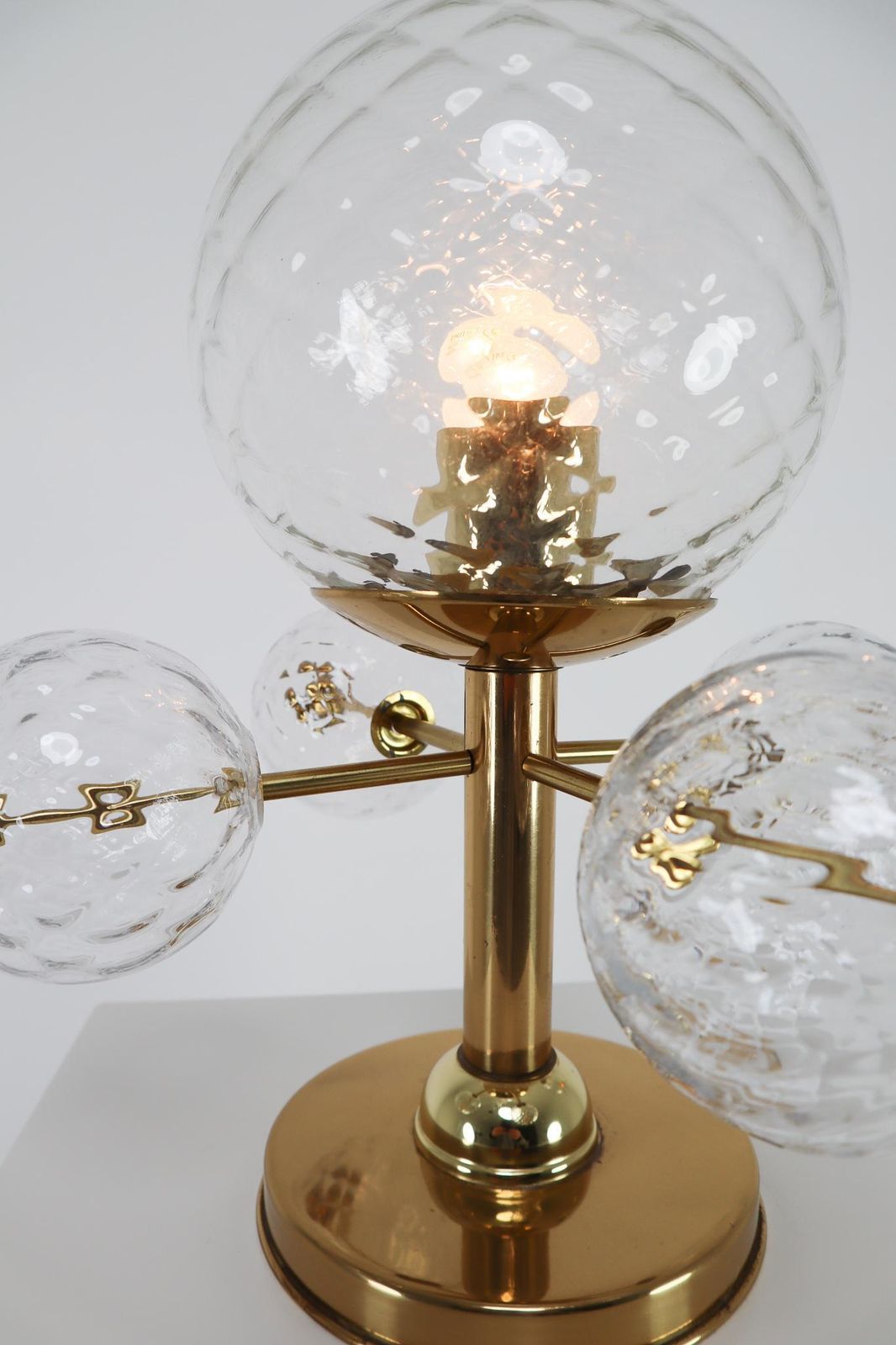 Midcentury Table Lamp With Brass Fixture And Structured Glass, Europe, 1970s photo Lighting