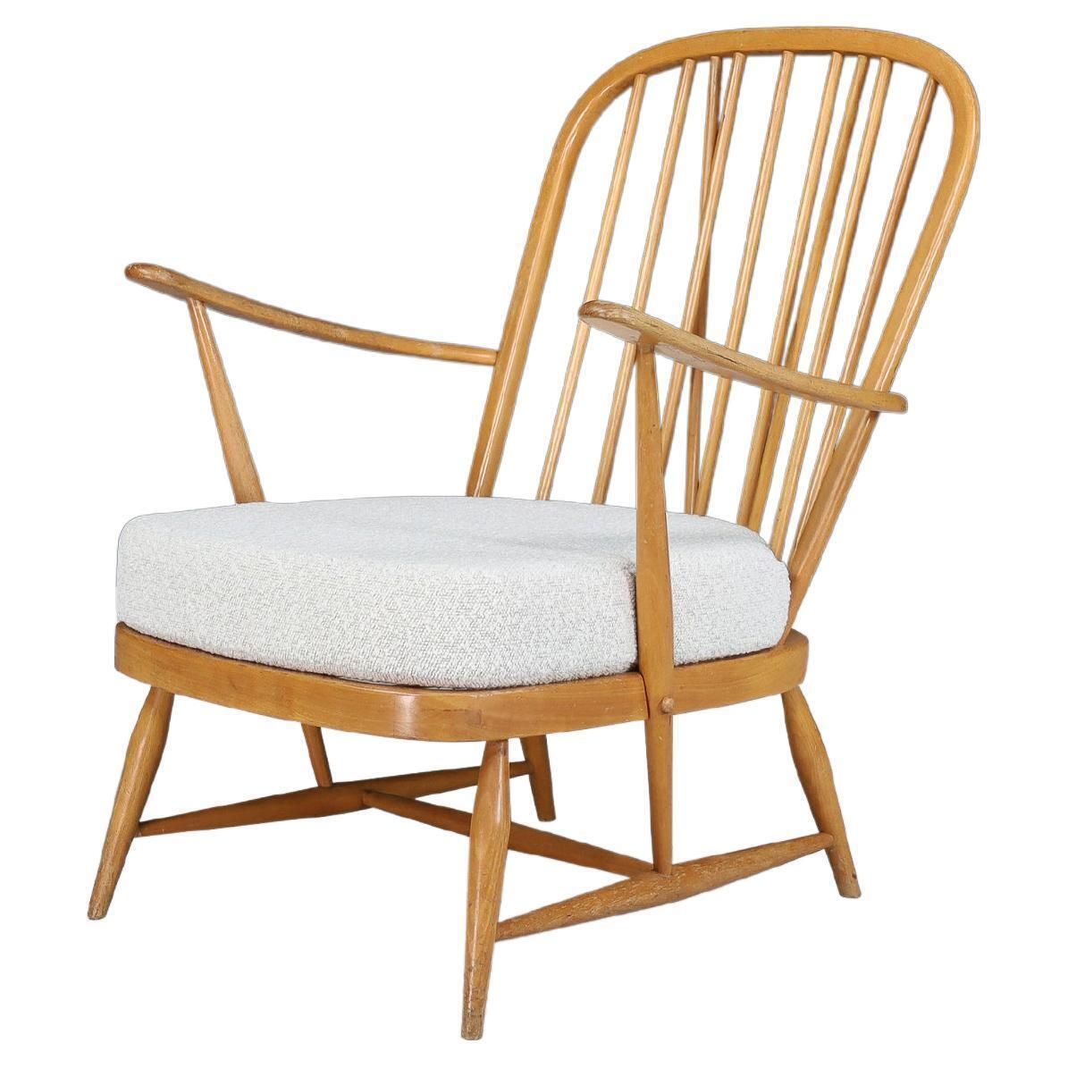 1960s Ercol Windsor Lounge Chair In Blonde Beech & Elm With New Bouclé Fabric